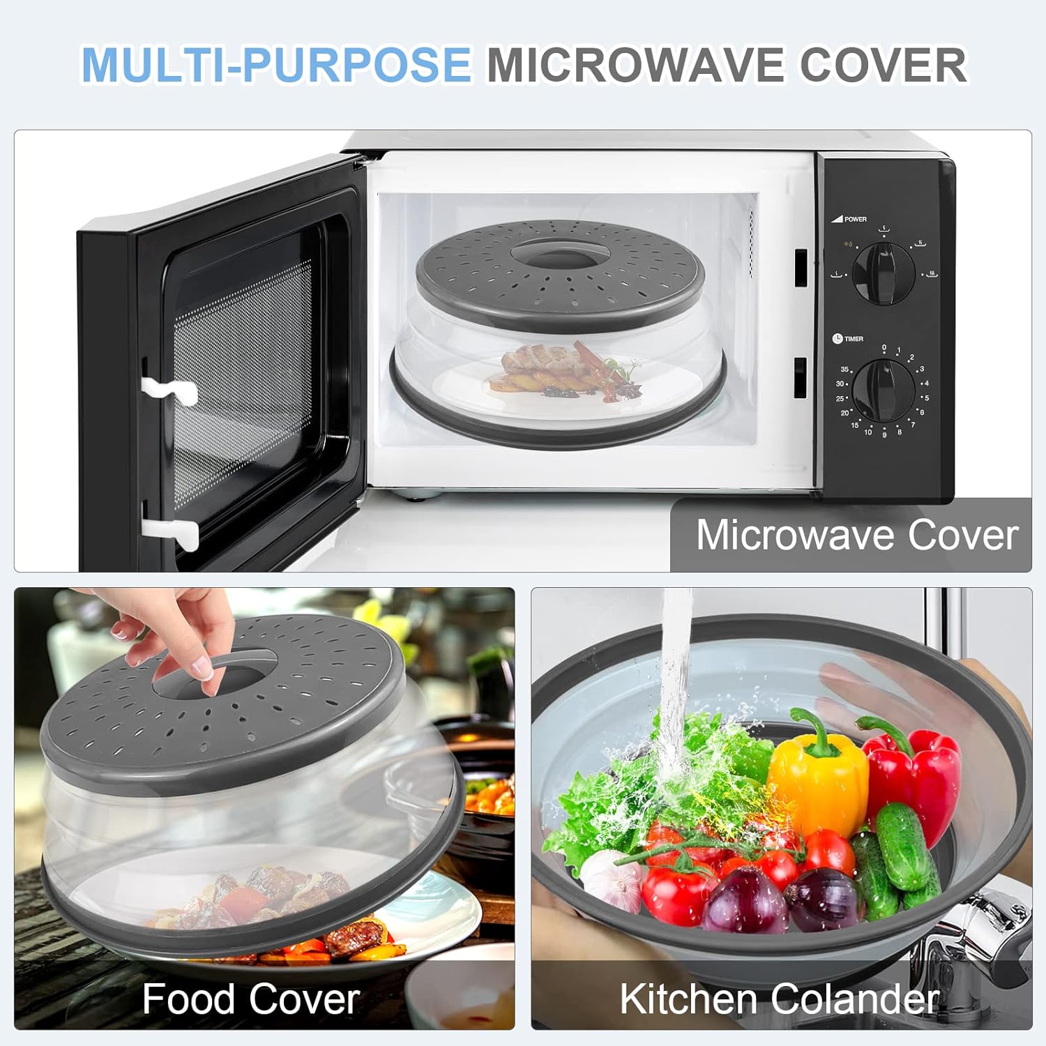 10 Inch Microwave Food Cover  Collapsible Silicone Mat - Splatter Guard, Plate Holder  Kitchen Colander for Meal Prep, Charcoal