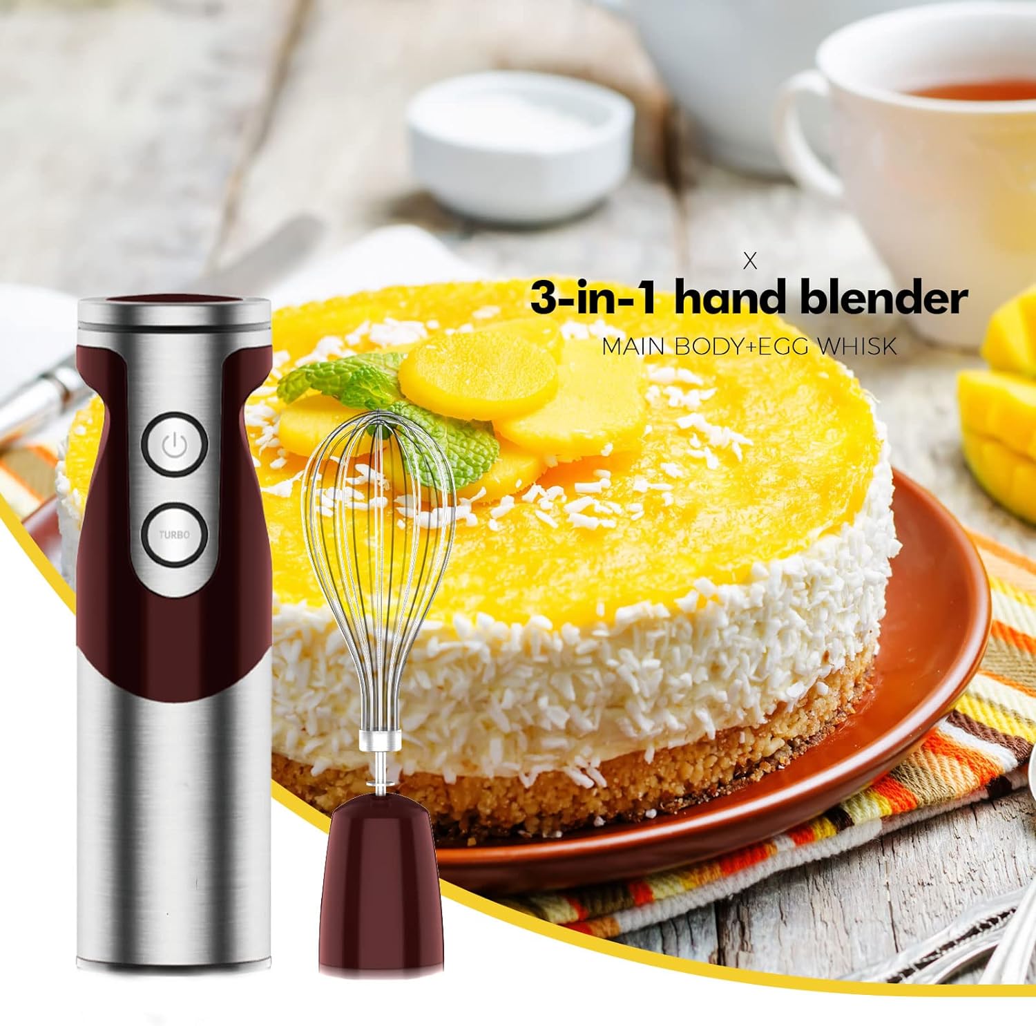 3- in-1 Immersion Hand blender, Powerful 1000W Stainless Steel Stick Blender, 4 Sharpe Blades with Whisk, Milk Frother Attachments