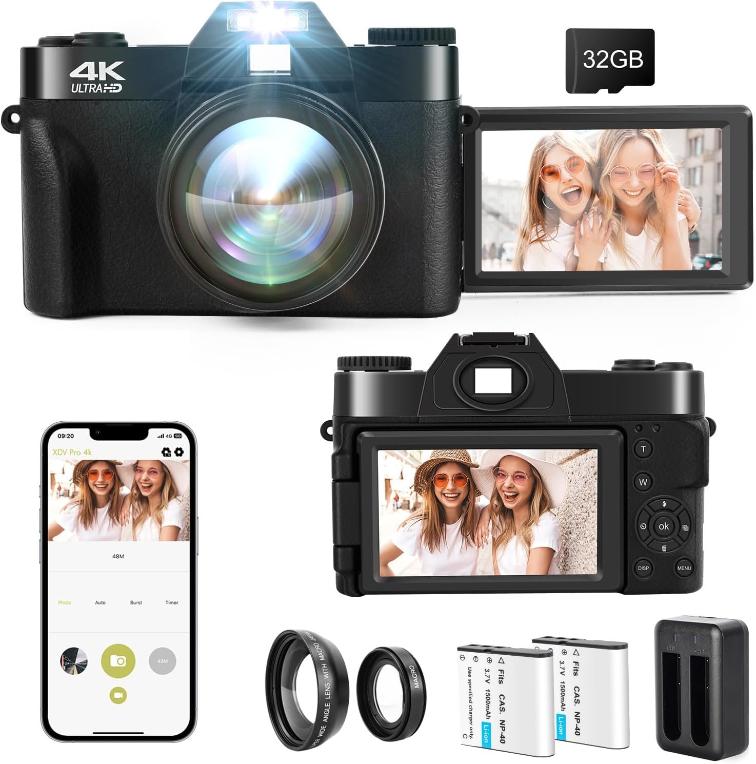 4K Digital Cameras for Photography, 48MP Vlogging Camera, 16X Zoom Point and Shoot Students Camera, Wide Angle LensMacro Lens Video Camera,180° Flip Screen Compact Camera, 32GB Card2 Batteries,B