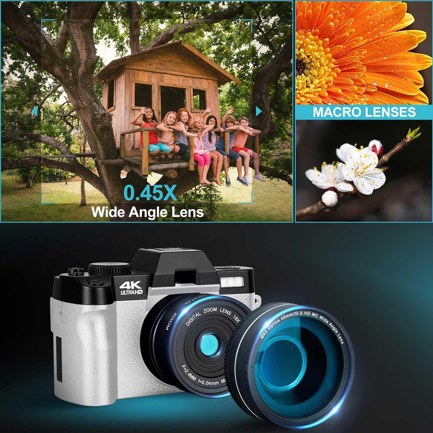 4K Digital Cameras for Photography, 48MP Vlogging Camera for YouTube with WiFi, 180° Flip Screen Compact Camera with Flash, 16X Digital Zoom Travel Camera with Wide-Angle Macro Lens