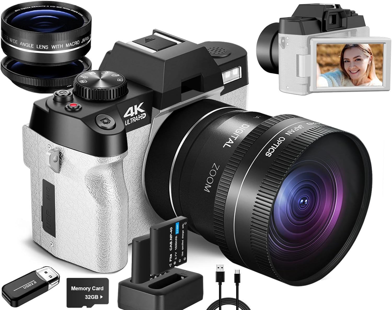 4K Digital Cameras for Photography, 48MP Vlogging Camera for YouTube with WiFi, 180° Flip Screen Compact Camera with Flash, 16X Digital Zoom Travel Camera with Wide-Angle Macro Lens