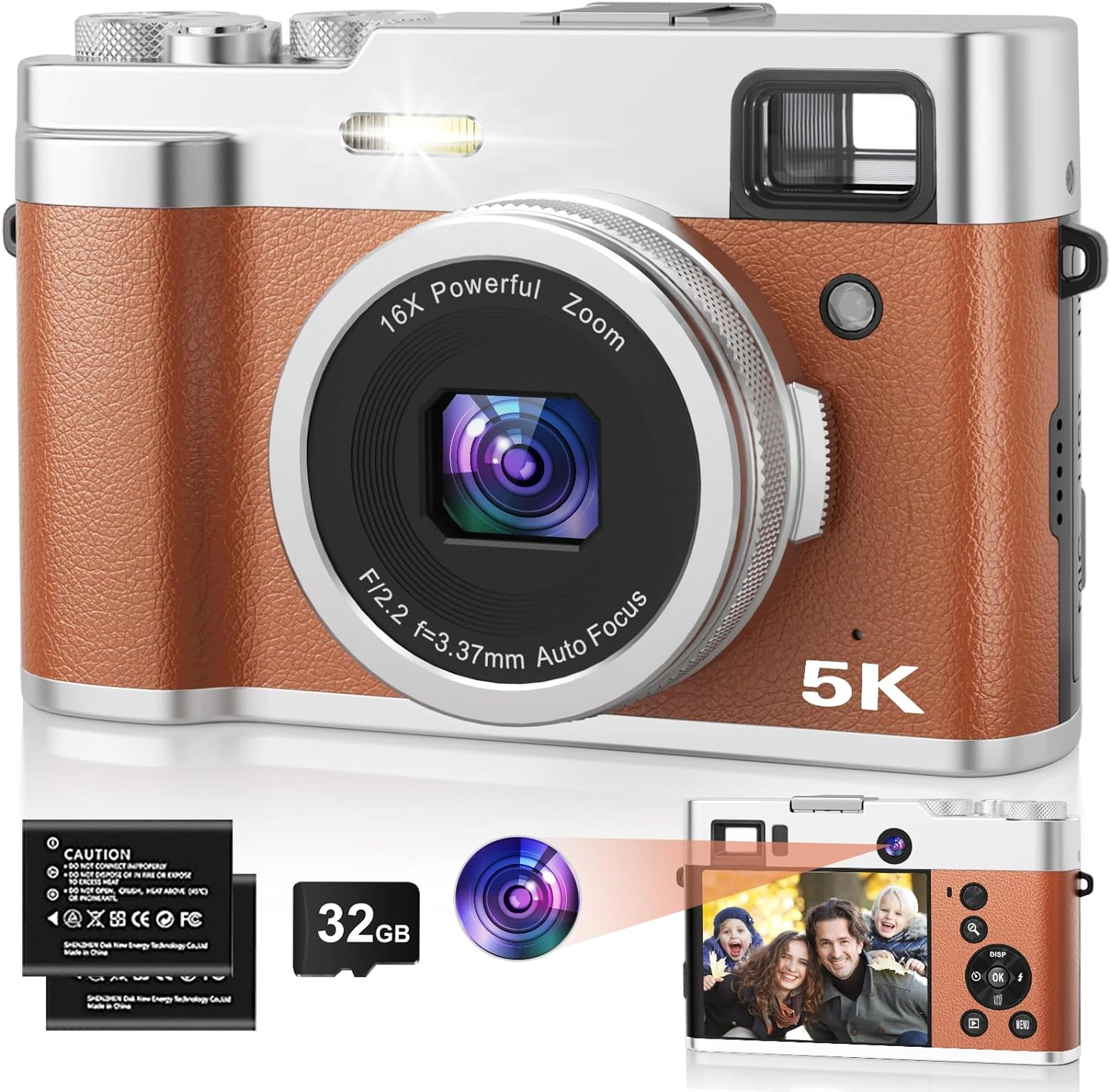 5K Digital Camera for Photography, 48MP Autofocus Vlogging Camera with Viewfinder  Dual Camera, 16X Digital Zoom Point and Shoot Cameras with 32GB SD Card 2 Batteries Compact Travel Camera