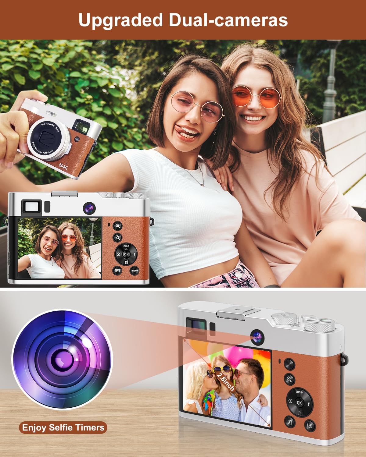 5K Digital Camera for Photography, 48MP Autofocus Vlogging Camera with Viewfinder  Dual Camera, 16X Digital Zoom Point and Shoot Cameras with 32GB SD Card 2 Batteries Compact Travel Camera