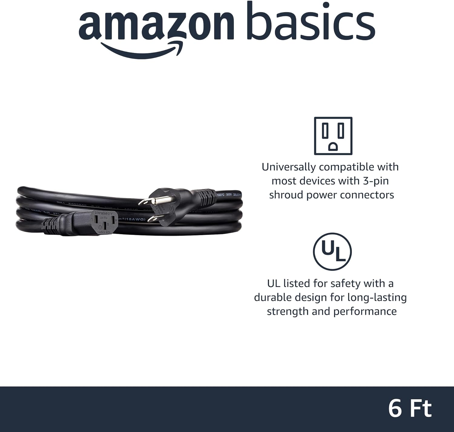 Amazon Basics Computer Monitor TV Replacement Power Cord, 6, Black