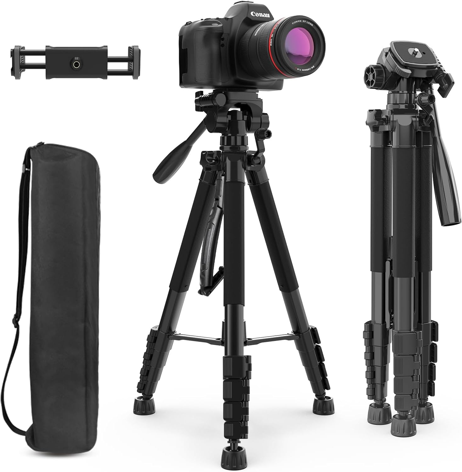 Aureday 74’’ Camera Tripod with Travel Bag,Cell Phone Tripod with Wireless Remote and Phone Holder, Compatible with DSLR Cameras,Cell Phones,Projector,Webcam,Spotting Scopes(Black)