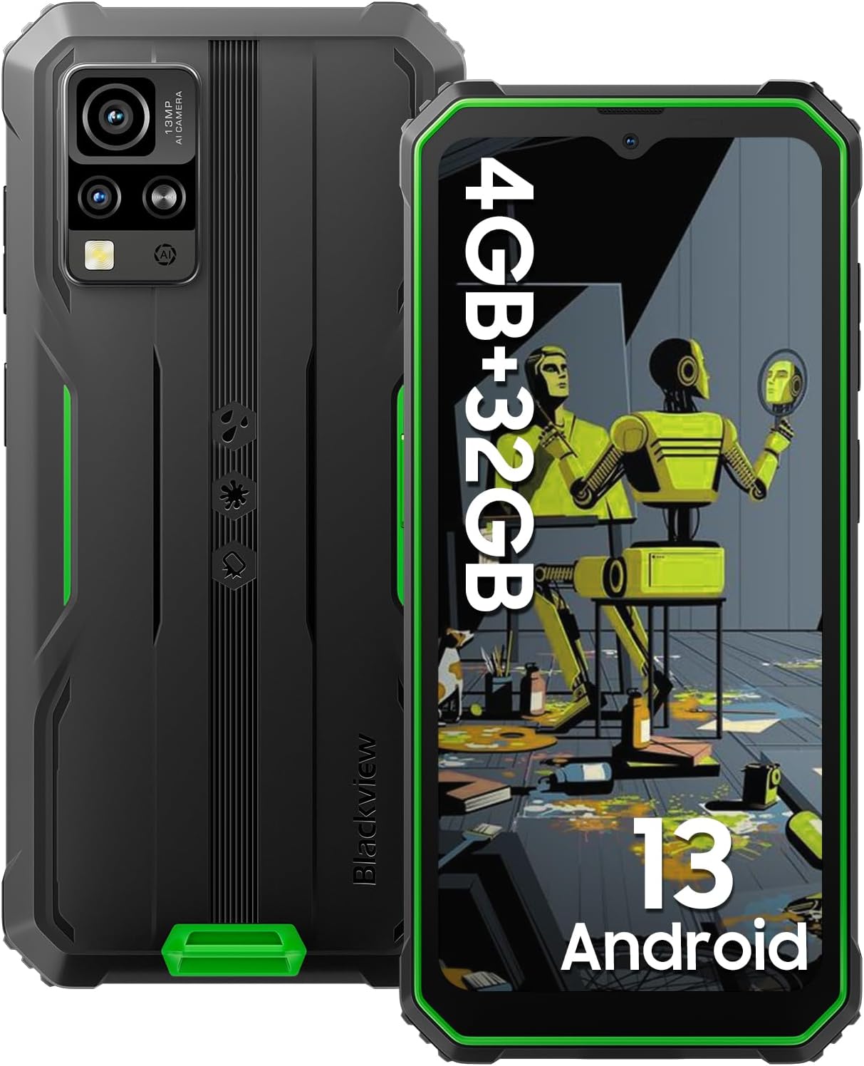 Blackview Phone BV4800, Android 13 4GB+32GB 2TB Expand Rugged Smartphone, 6.56 Incell Screen 5180mAh Rugged Phone, 4G T-Mobile Dual SIM Rugged Smartphone Unlocked, IP69K, 3 Card Slots/Face ID-Black