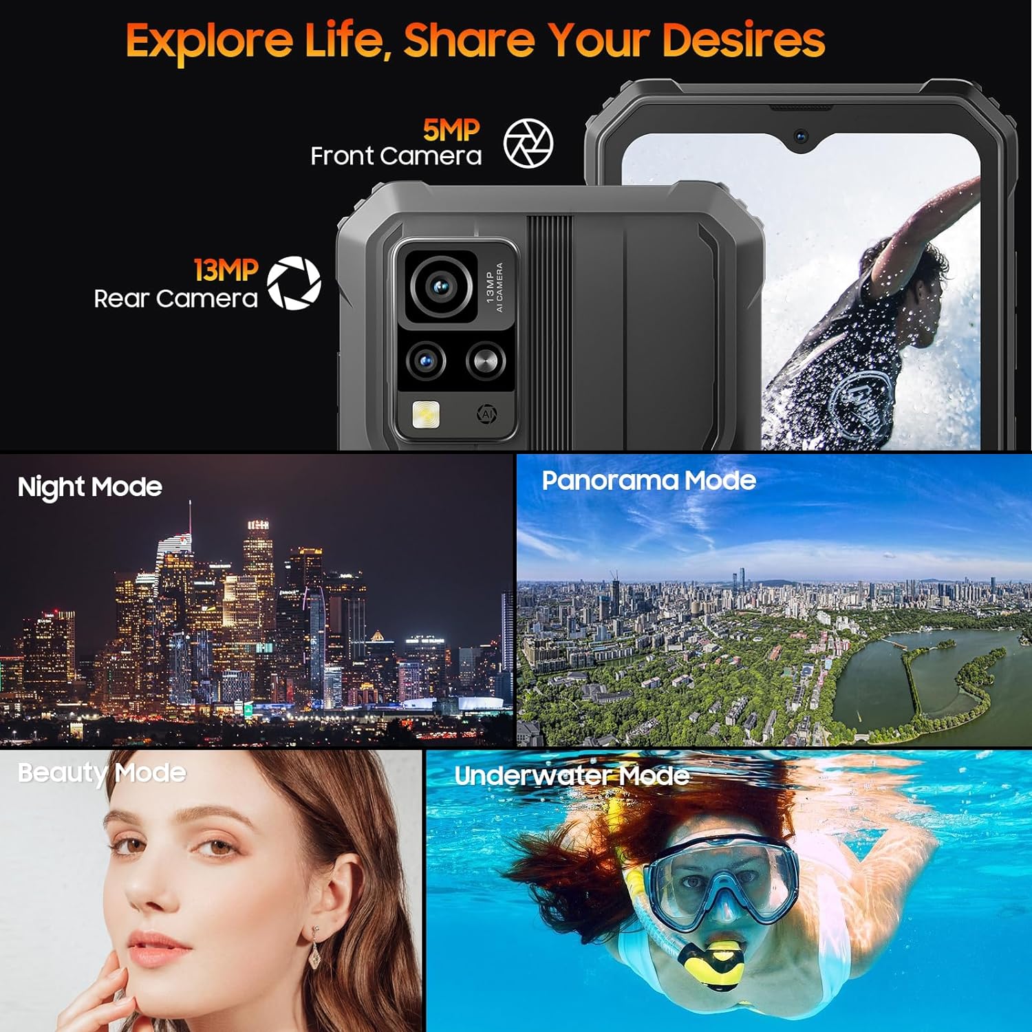 Blackview Phone BV4800, Android 13 4GB+32GB 2TB Expand Rugged Smartphone, 6.56 Incell Screen 5180mAh Rugged Phone, 4G T-Mobile Dual SIM Rugged Smartphone Unlocked, IP69K, 3 Card Slots/Face ID-Black