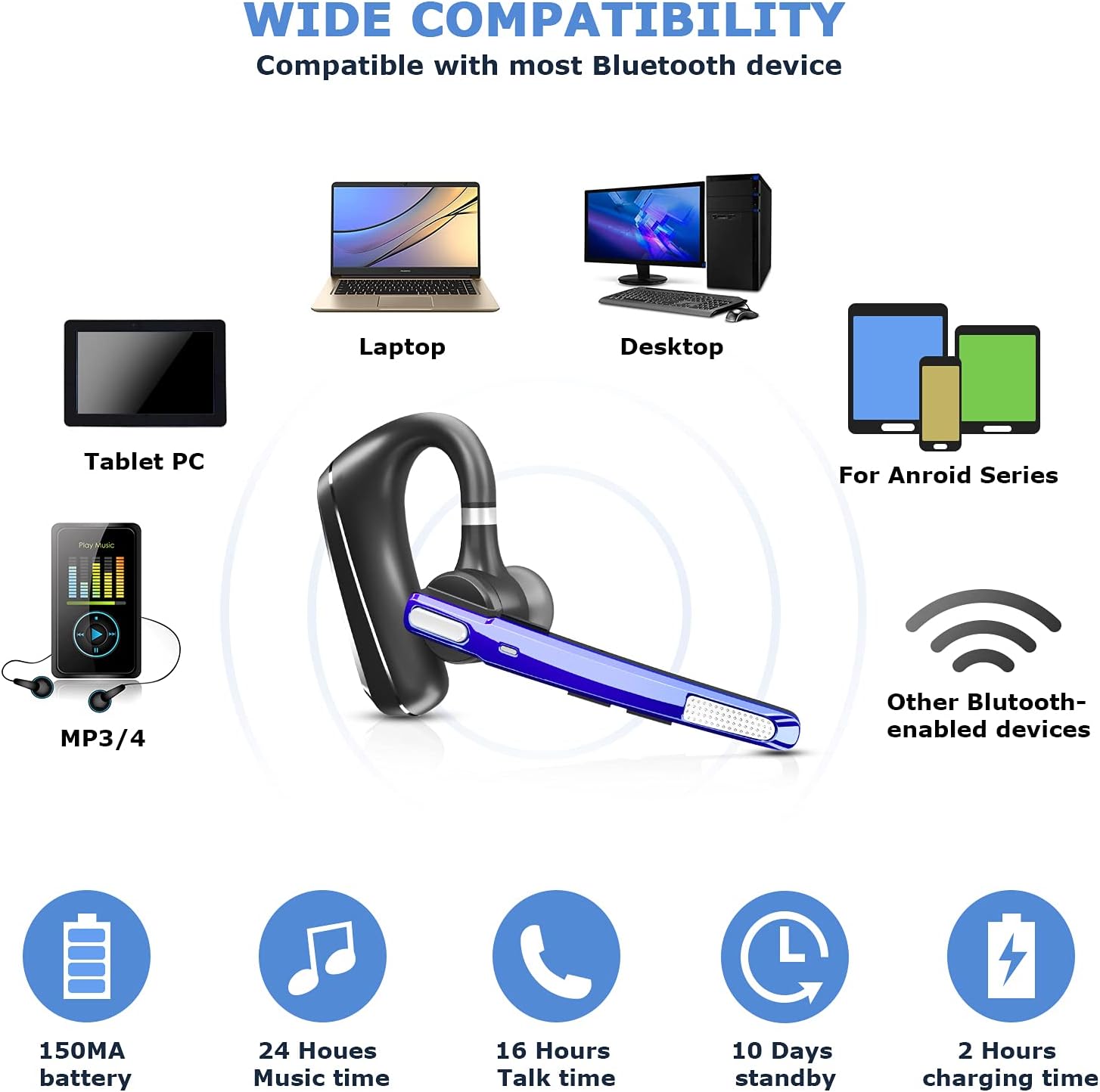 Bluetooth Headset CVC8.0 Dual-Mic Active Noise Cancelling Wireless Bluetooth Earpiece V5.1 Bluetooth Headphones 16 Hrs HD Talktime Hands-Free Earphones for Trucker/Business/Office/Driving (Black)