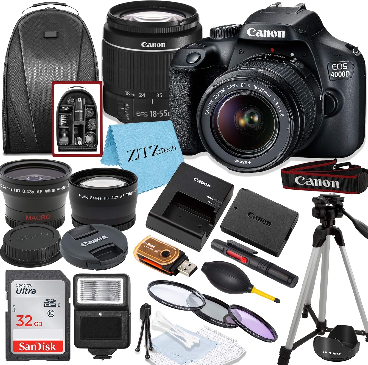 Canon EOS T100/4000D DSLR Camera with EF-S 18-55mm Lens, SanDisk Memory Card, Tripod, Flash, Backpack + ZeeTech Accessory Bundle (Canon 18-55mm, SanDisk 32GB) (Renewed)