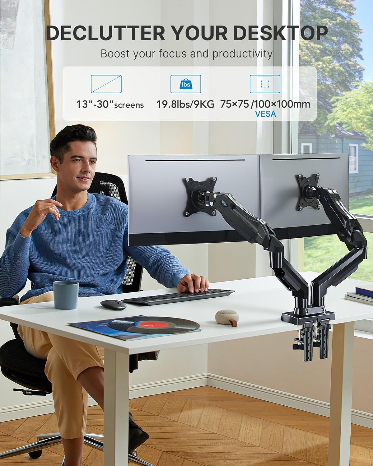 HUANUO Dual Monitor Stand - Adjustable Spring Monitor Desk Mount Swivel Vesa Bracket with C Clamp, Grommet Mounting Base for 13 to 30 Inch Computer Screens - Each Arm Holds 4.4 to 19.8lbs