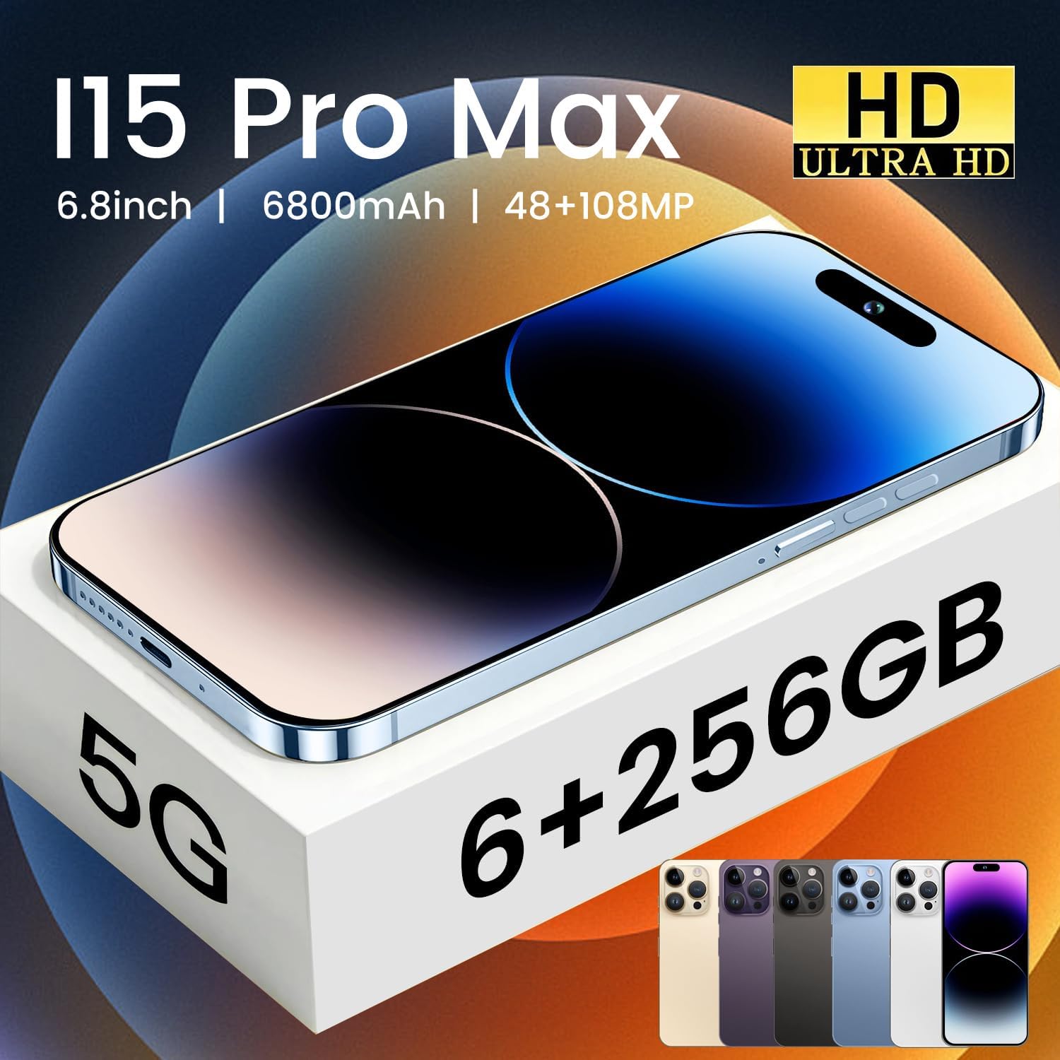 I15 Pro Max Smartphone Unlocked Cell Phone,Battery 6800mAh 6.8 HD Screen Unlocked Phone,6+256GB Android 13 with 128GB Memory Card,Dual SIM/5G/Fingerprint Lock/Face ID (Black, 6+256)