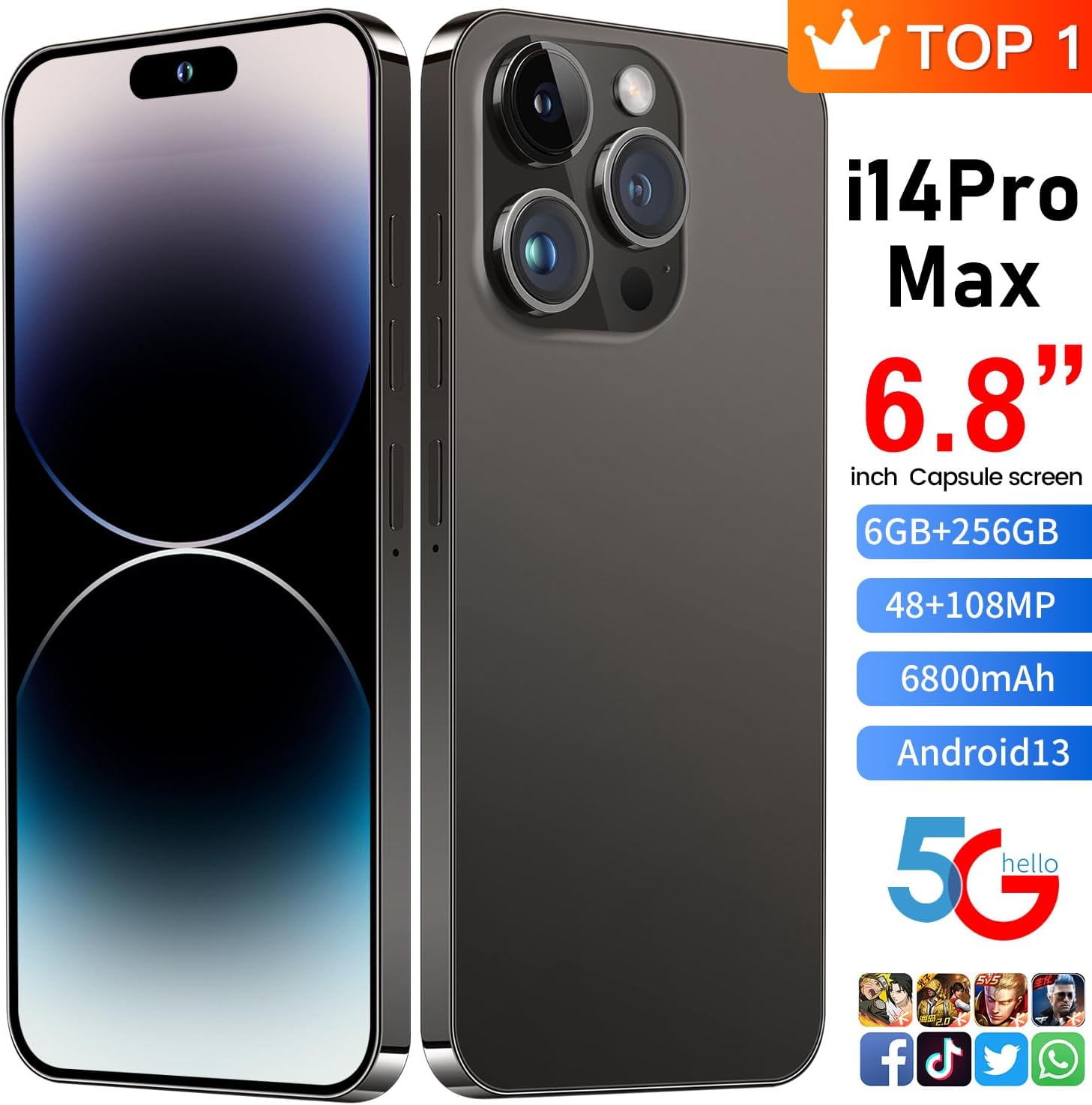 I15 Pro Max Smartphone Unlocked Cell Phone,Battery 6800mAh 6.8 HD Screen Unlocked Phone,6+256GB Android 13 with 128GB Memory Card,Dual SIM/5G/Fingerprint Lock/Face ID (Black, 6+256)