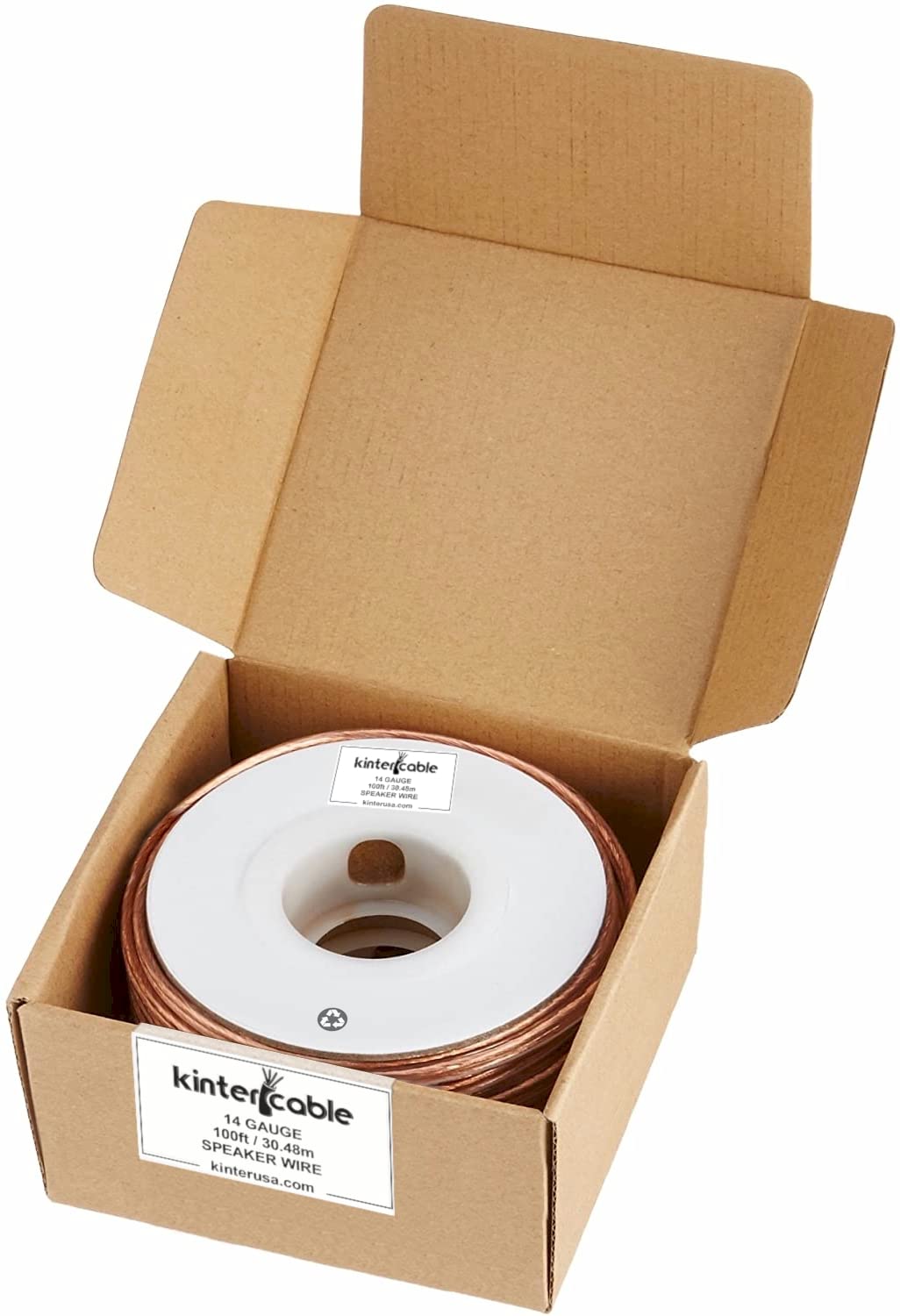 Kinter Cable 100ft 14-Gauge Audio Stereo Speaker Wire 30.48 Meters 2 Conductor Polarity Marked Clear PVC, CCA, Spool in Box, for Home Theater, HiFi, Surround, Car Audio, 117 High Strand Count (.15 OD)