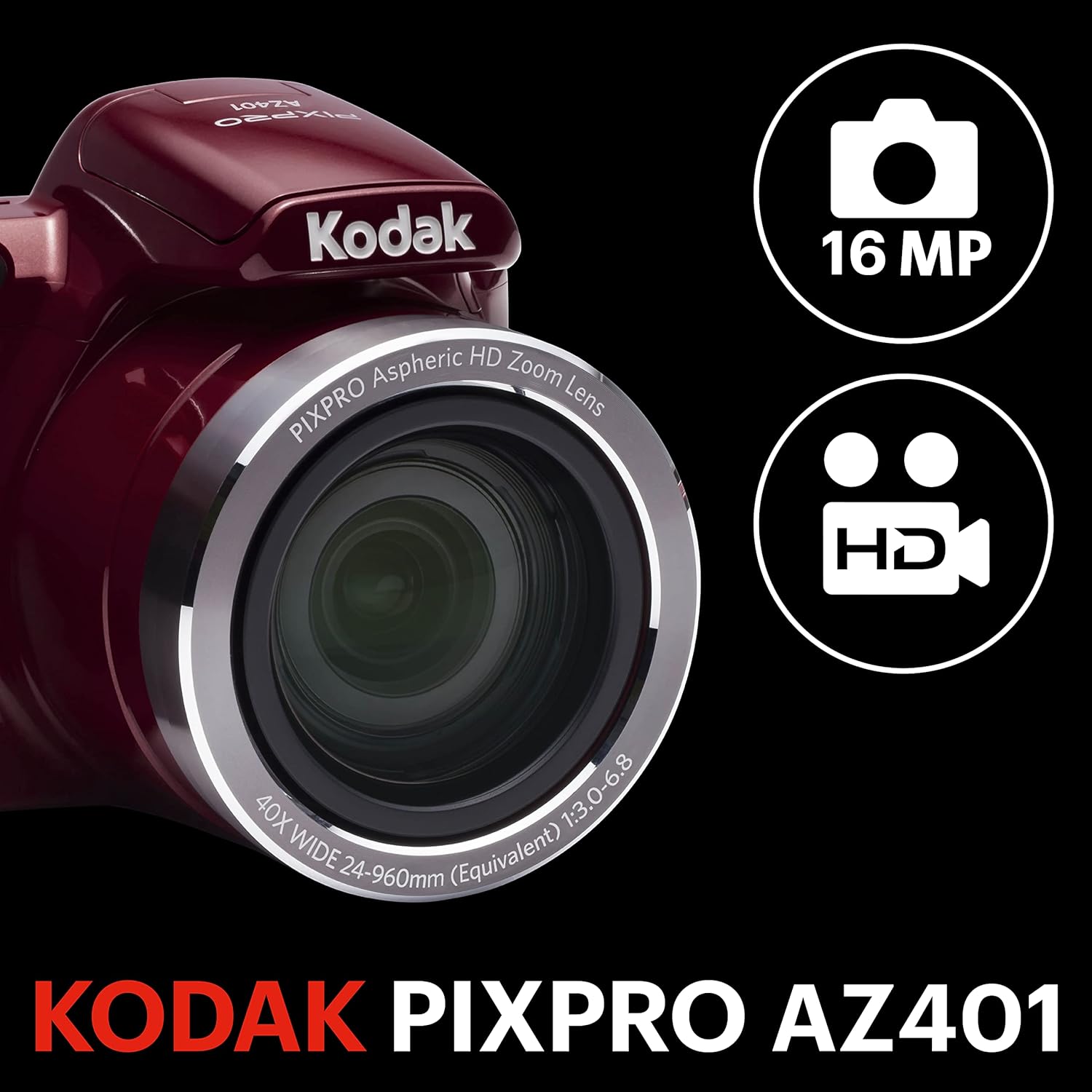 Kodak AZ401RD Point  Shoot Digital Camera with 3 LCD, Red