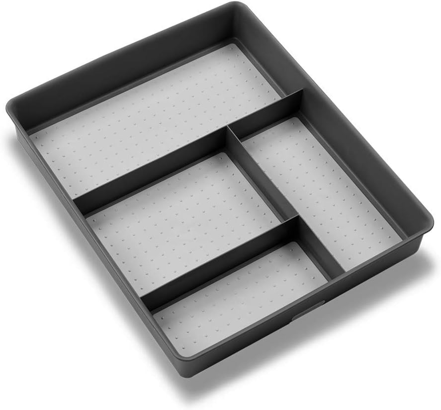 Madesmart Classic 4-Compartment Drawer Organizer Gadget Tray, Plastic Multipurpose Storage Bin for Drawers, Granite