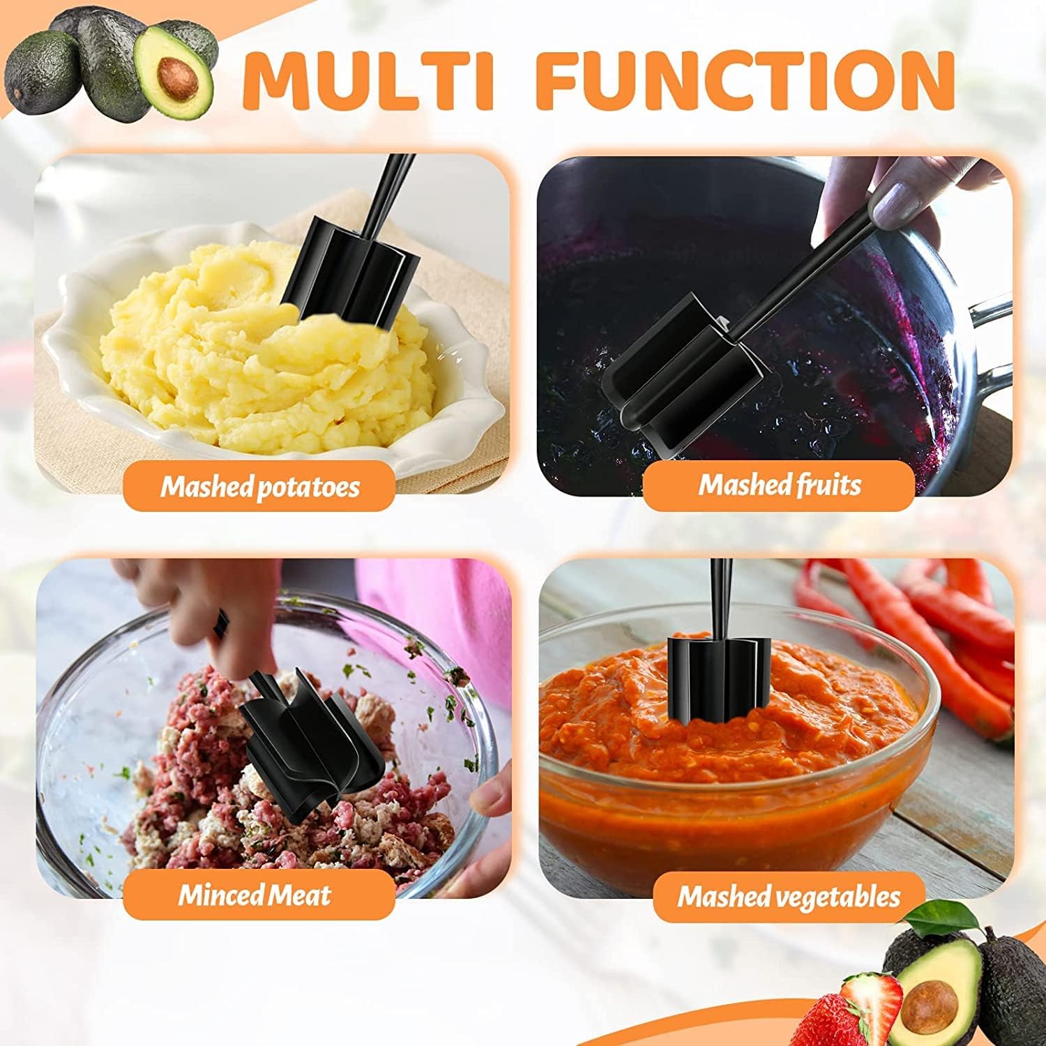 Meat Chopper, Hamburger Chopper, Potato Masher-Professional Multifunctional Heat Resistant Nylon Ground Beef Smasher Kitchen Tools And Gadgets, ​Safe For Non-Stick Cookware