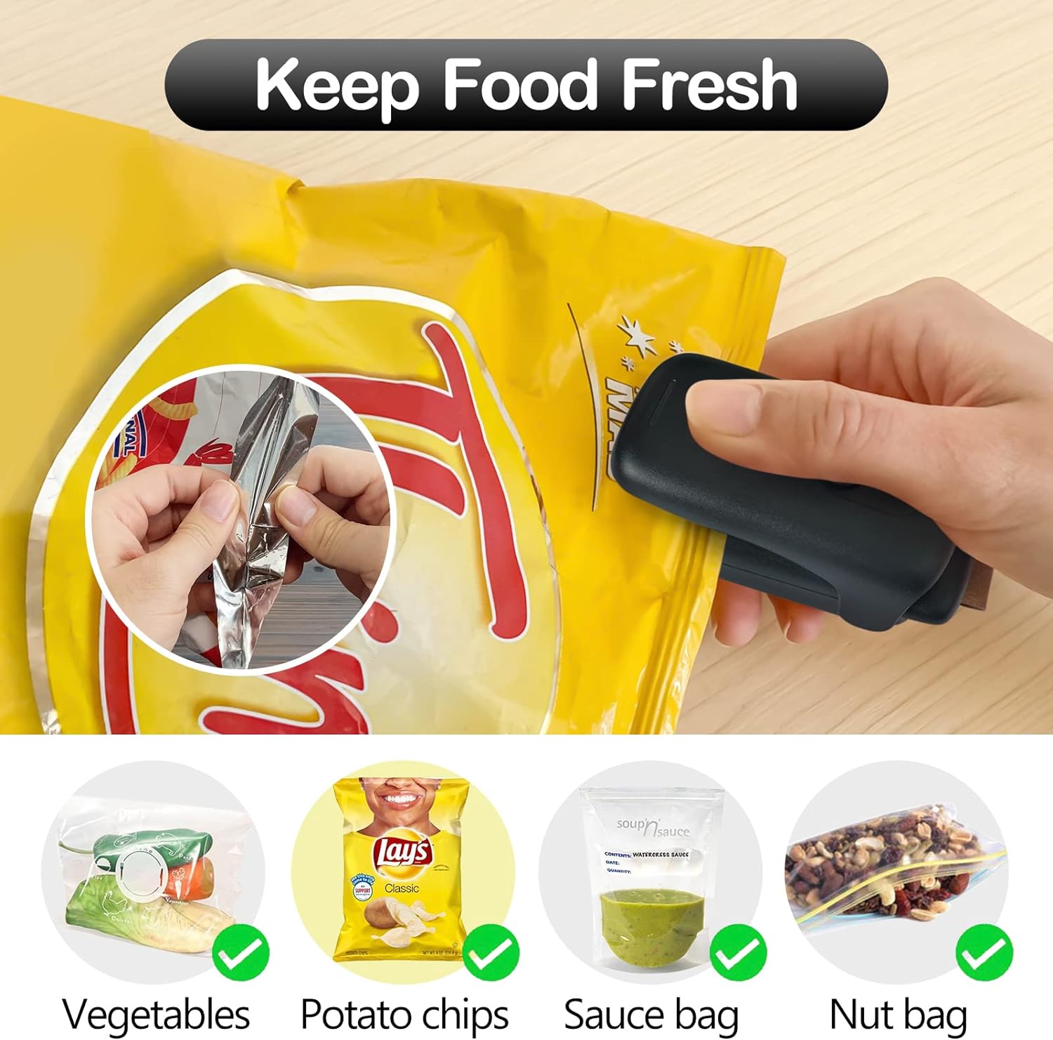 Mini Chip Bag Sealer, Handheld Heat Vacuum Sealer and Cutter, Portable Resealer Machine for Snack Plastic Fresh Bags Cookies - Green - 2xAA Batteries Included