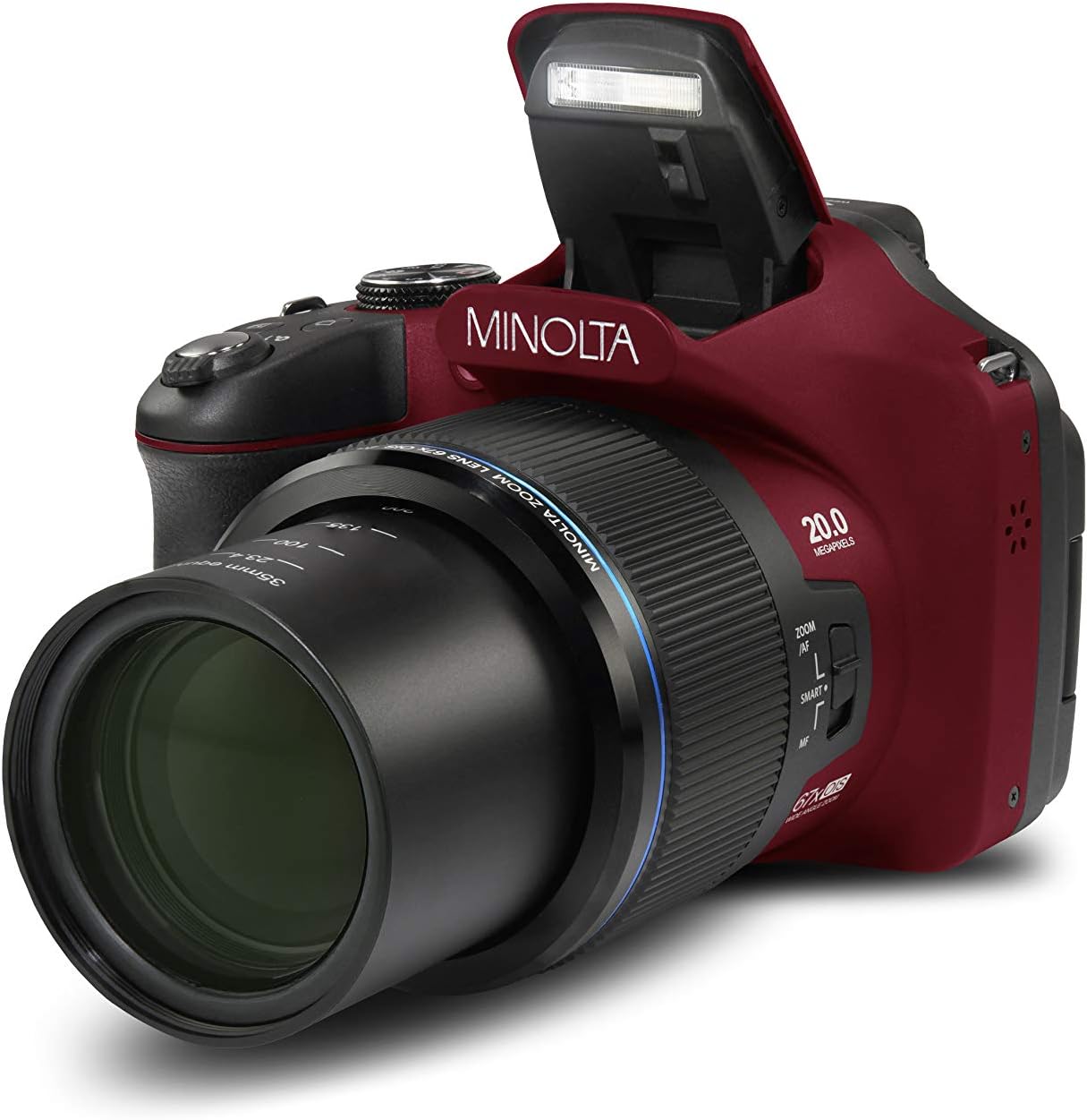 Minolta Pro Shot 20 Mega Pixel HD Digital Camera with 67x Optical Zoom, Full 1080p HD Video  16GB SD Card (Red)