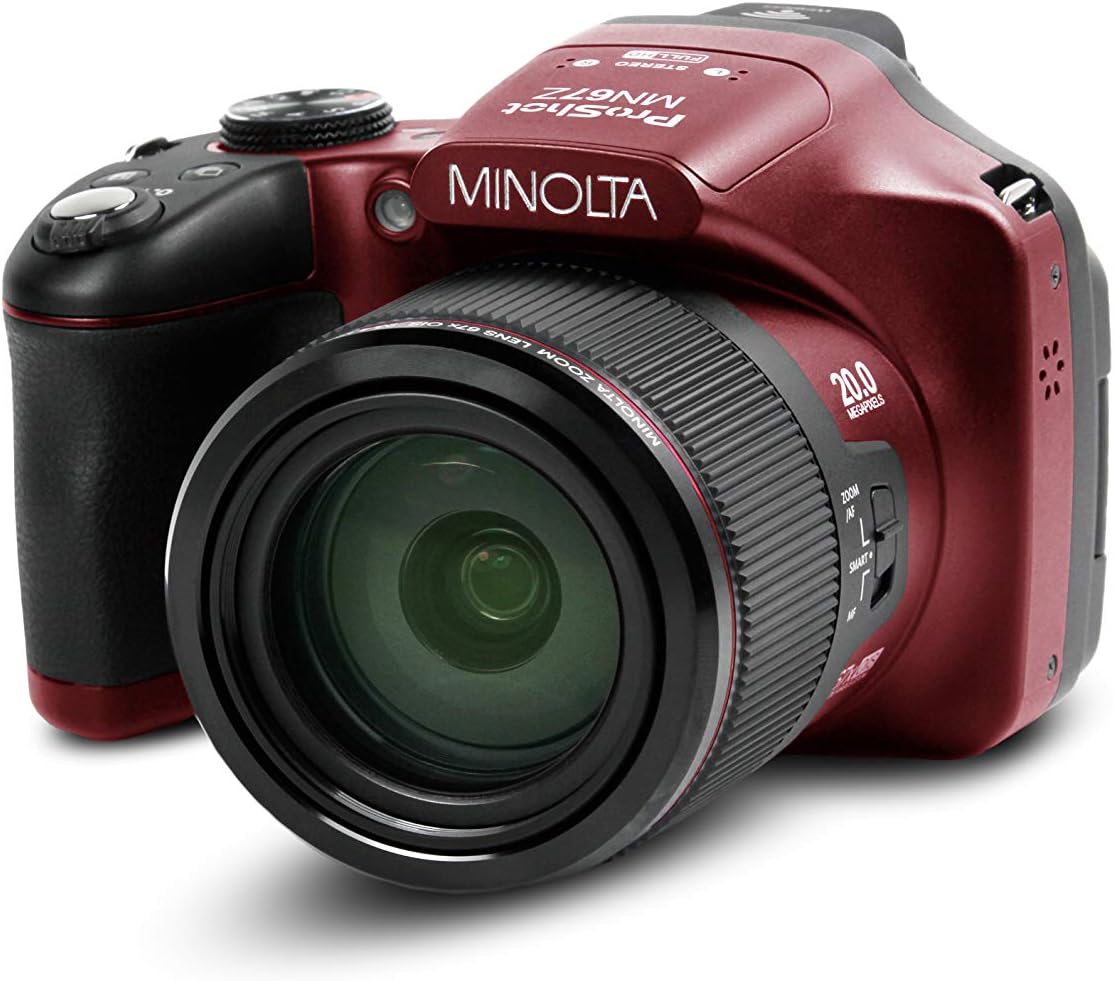 Minolta Pro Shot 20 Mega Pixel HD Digital Camera with 67x Optical Zoom, Full 1080p HD Video  16GB SD Card (Red)