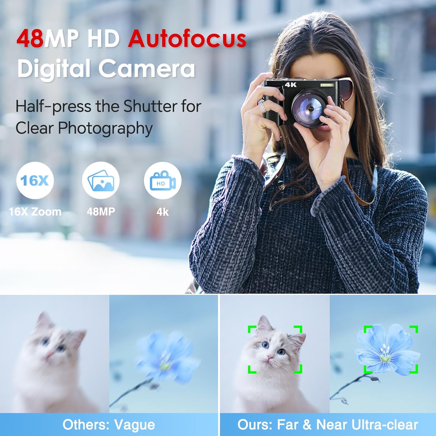 Newest 4K Digital Camera for Photography and Video, 48MP Vlogging Camera with SD Card Autofocus Anti-Shake, 3 180° Flip Screen 16X Zoom Digital Camera with Flash, Compact Digital Camera for Travel