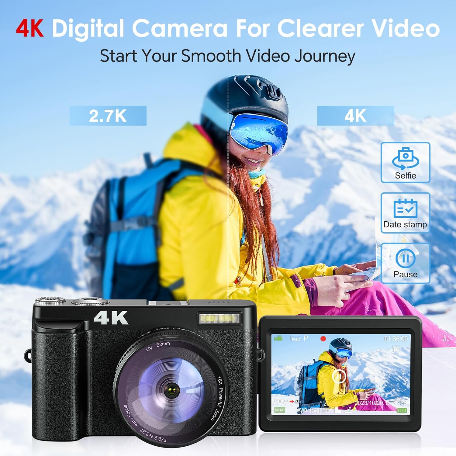 Newest 4K Digital Camera for Photography and Video, 48MP Vlogging Camera with SD Card Autofocus Anti-Shake, 3 180° Flip Screen 16X Zoom Digital Camera with Flash, Compact Digital Camera for Travel