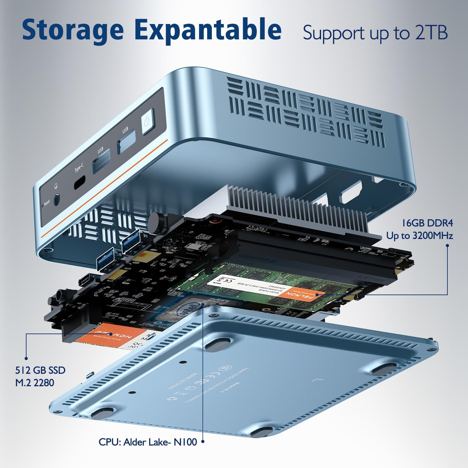 PELADN WI-6 Mini PC, Mini Desktop Computer with Intel 12th N100 Processor (Max 3.4GHz), 16GB DDR4 RAM, 512GB SSD, 4K UHD Resolution/WiFi/BT/USB-C/VESA - Mini Computer for Work, Business, Education