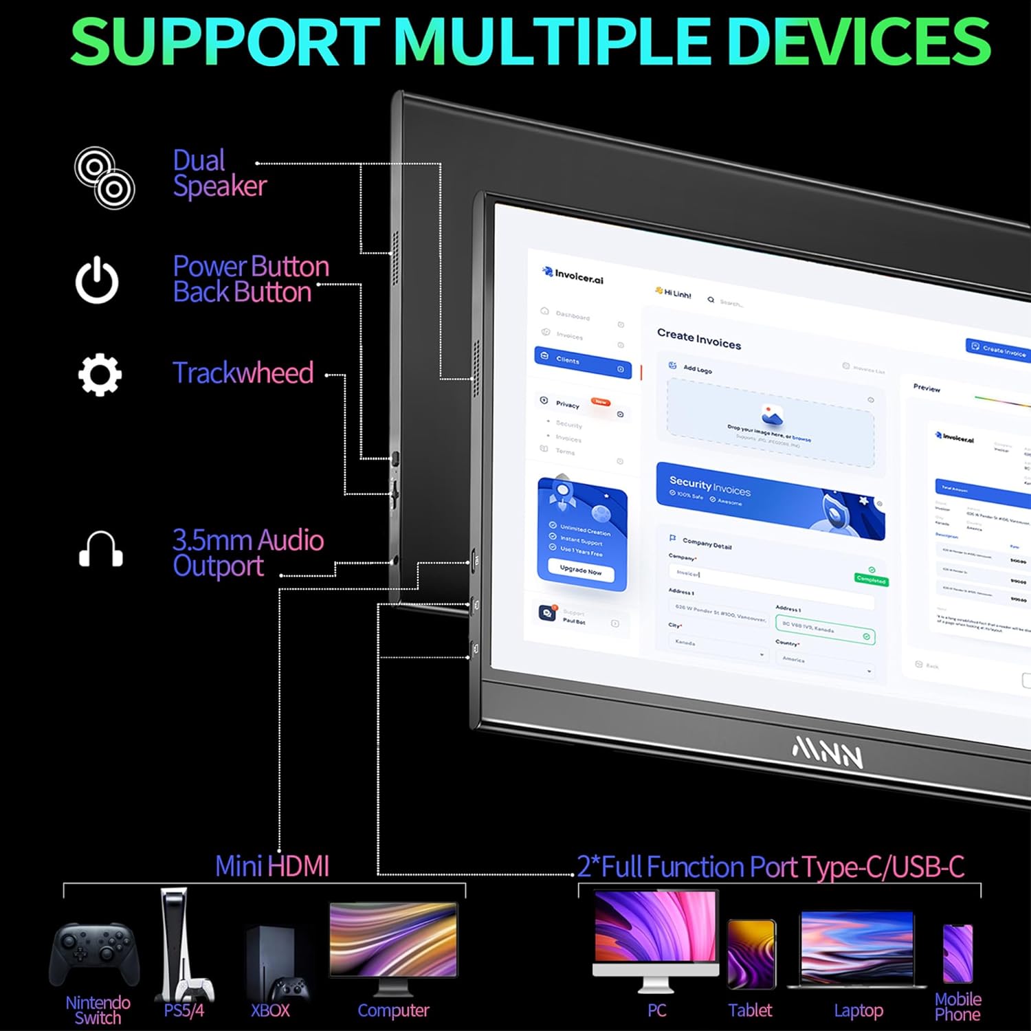 Portable Monitor 15.6inch FHD 1080P USB C HDMI Gaming Ultra-Slim IPS Display w/Smart Cover  Speakers,HDR PlugPlay, External Monitor for Laptop PC Phone Mac (15.6 1080P)