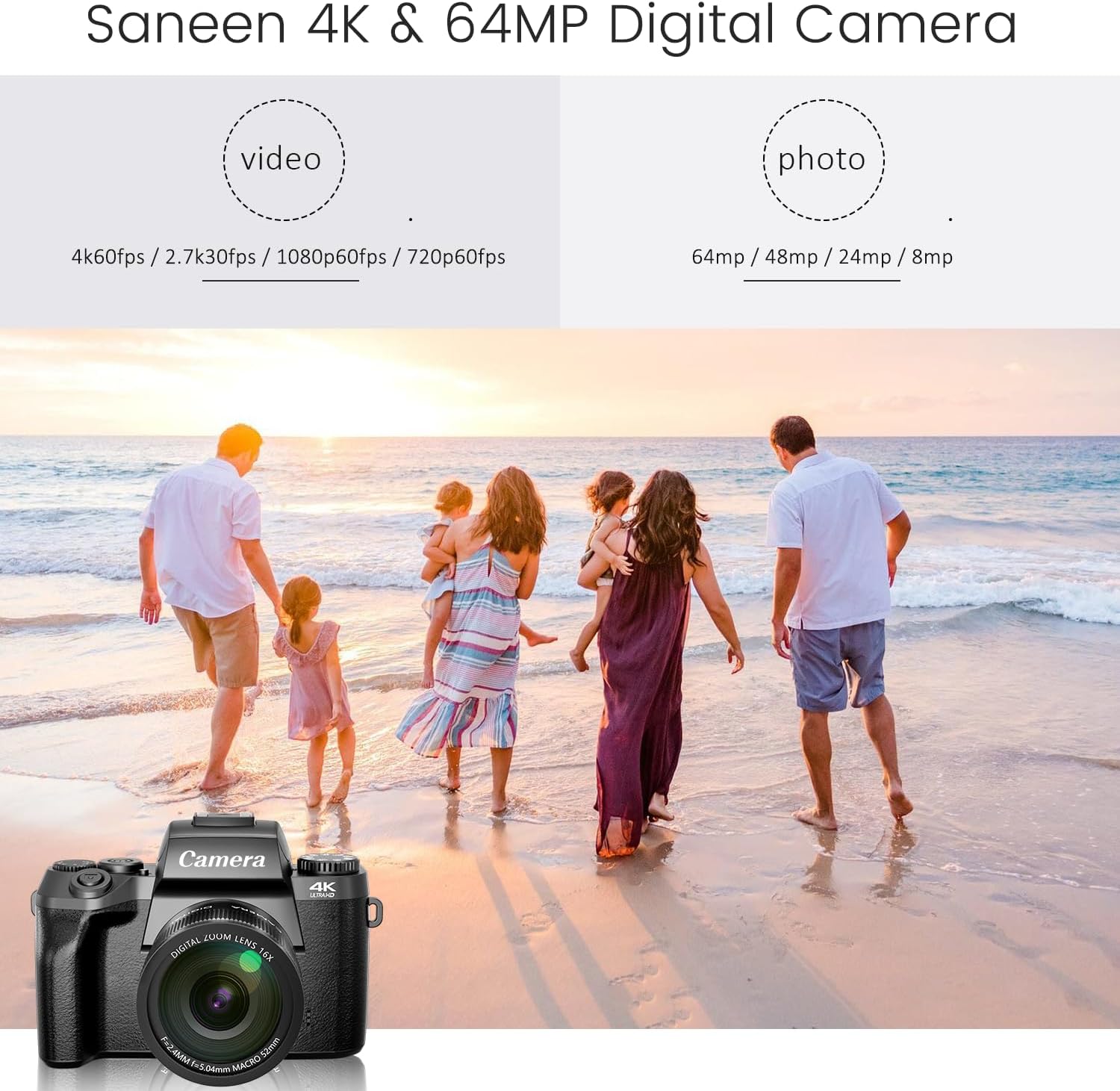 Saneen Digital Camera, 4k Cameras for Photography  Video, 64MP WiFi Touch Screen Vlogging Camera for YouTube with Flash, 32GB SD Card, Lens Hood, 3000mAH Battery, Front and Rear Cameras - Black