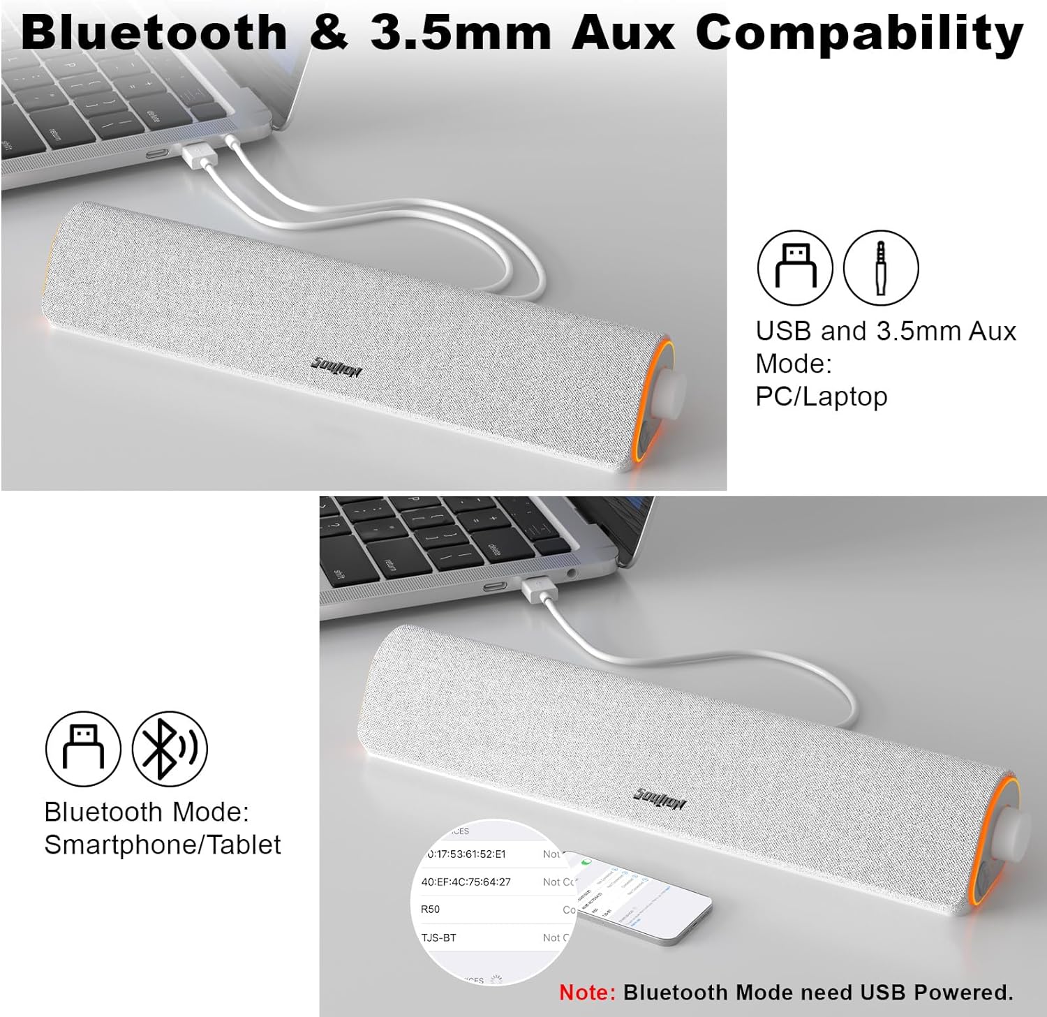 SOULION R50 Bluetooth Computer Speakers for Desktop PC Monitor White,Wired USB Powered 3.5mm Aux PC Speakers Sound Bar,4 Modes LED Lights with Switch Button,Surround Sound Soundbar for Computer