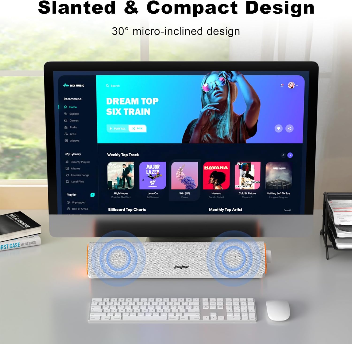 SOULION R50 Bluetooth Computer Speakers for Desktop PC Monitor White,Wired USB Powered 3.5mm Aux PC Speakers Sound Bar,4 Modes LED Lights with Switch Button,Surround Sound Soundbar for Computer