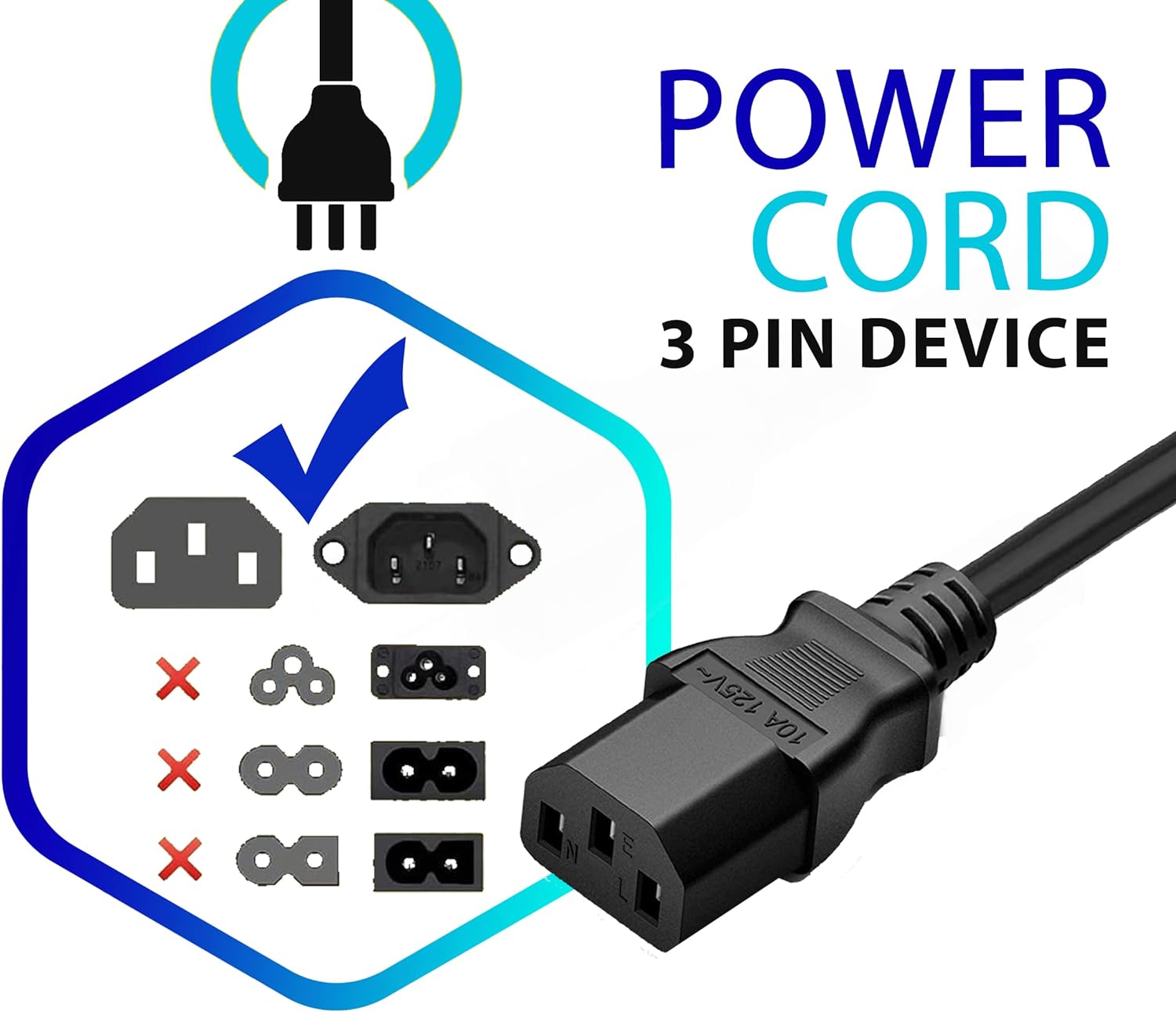 Standard 5ft (1.5m) 10 Amps 125 Volts Black 3 Prong AC Power Cord Cable for Electronics, TV, Computer, Printer, Radio, Monitor, Samsung, Dell, Vizio, LG, Asus, Laptop and More