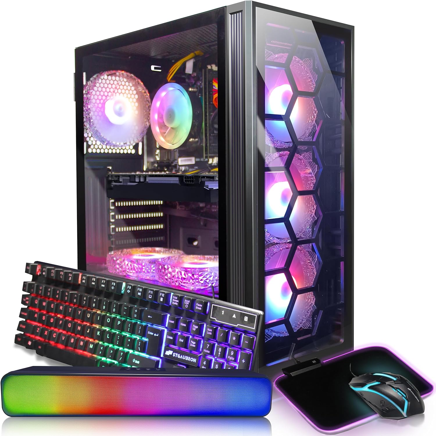 STGAubron Gaming Desktop PC, Intel Core i7 3.4G up to 3.9G, 32G RAM, 1T SSD, GeForce GTX 1660 Super 6G GDDR6, 600M WiFi, BT 5.0, RGB Fan x 6, RGB KeyboardMouseMouse Pad, RGB BT Sound Bar, W10H64