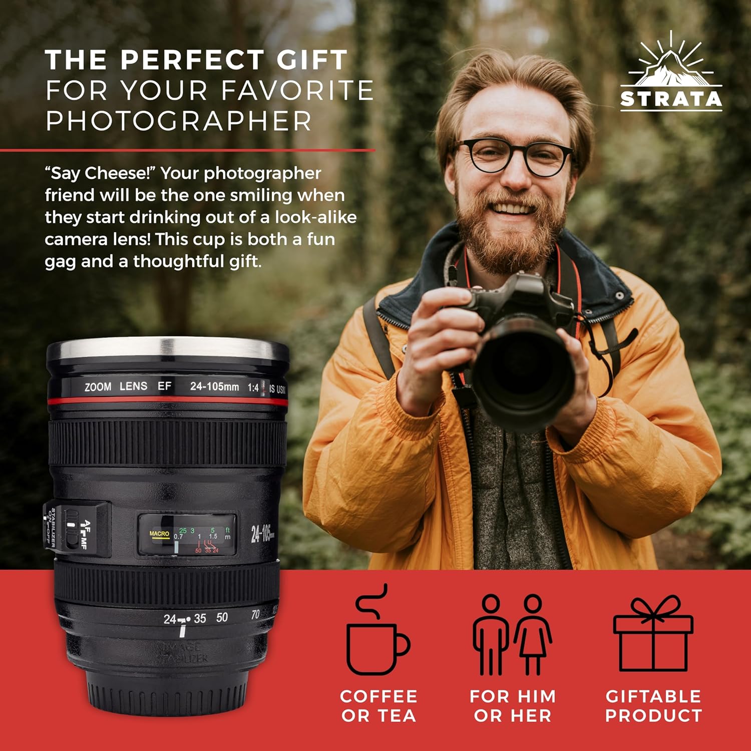 STRATA CUPS Camera Lens Coffee Mug -13.5oz | (2 LIDS + SPOON + BAG) Gifts for Him, Dad Gifts, Photography, Camera accessories, Novelty Gifts, Gifts for Him