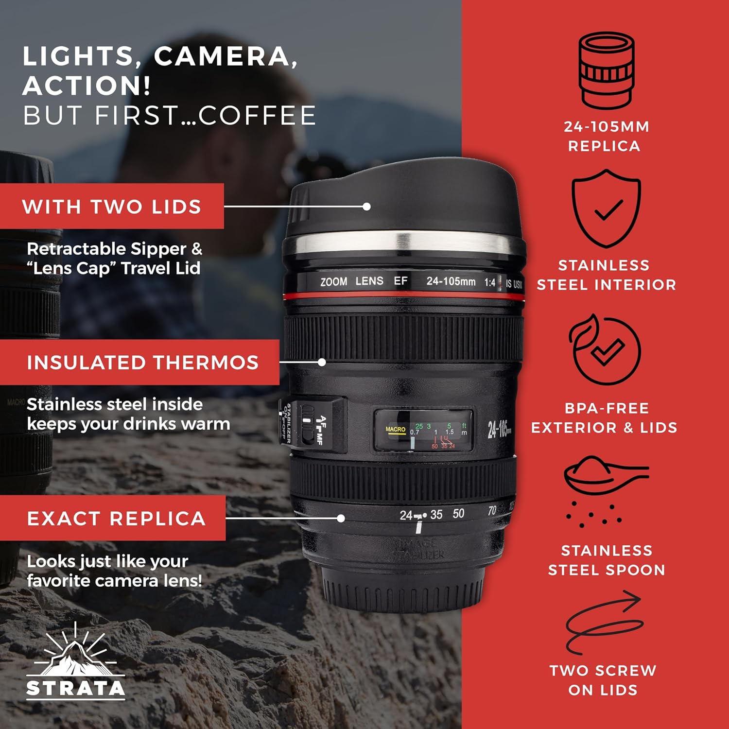 STRATA CUPS Camera Lens Coffee Mug -13.5oz | (2 LIDS + SPOON + BAG) Gifts for Him, Dad Gifts, Photography, Camera accessories, Novelty Gifts, Gifts for Him