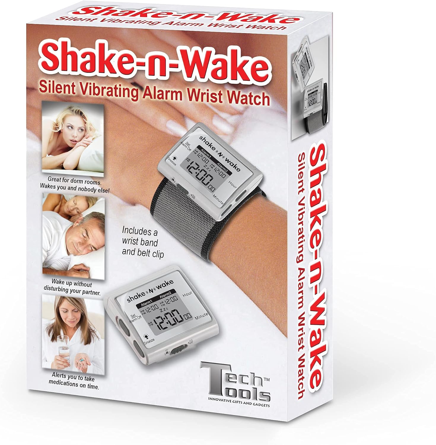 Tech Tools Vibrating Alarm Clock - Shake N Wake - Silent Alarm Wristband Watch - with Dual Alarms