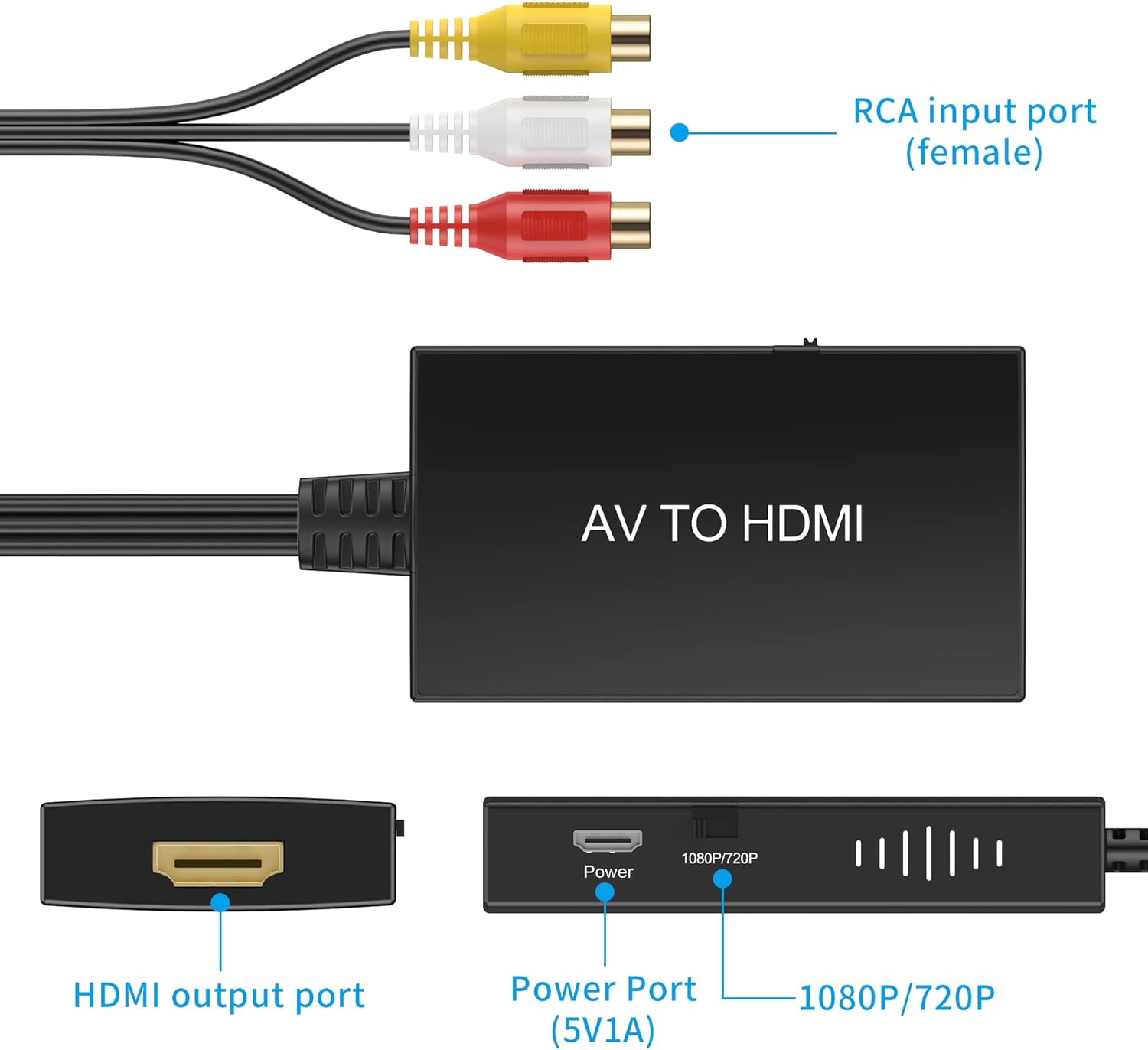 Tengchi RCA to HDMI Converter, Composite to HDMI Adapter Support 1080P PAL/NTSC Compatible with PS one, PS2, PS3, STB, Xbox, VHS, VCR, Blue-Ray DVD Players