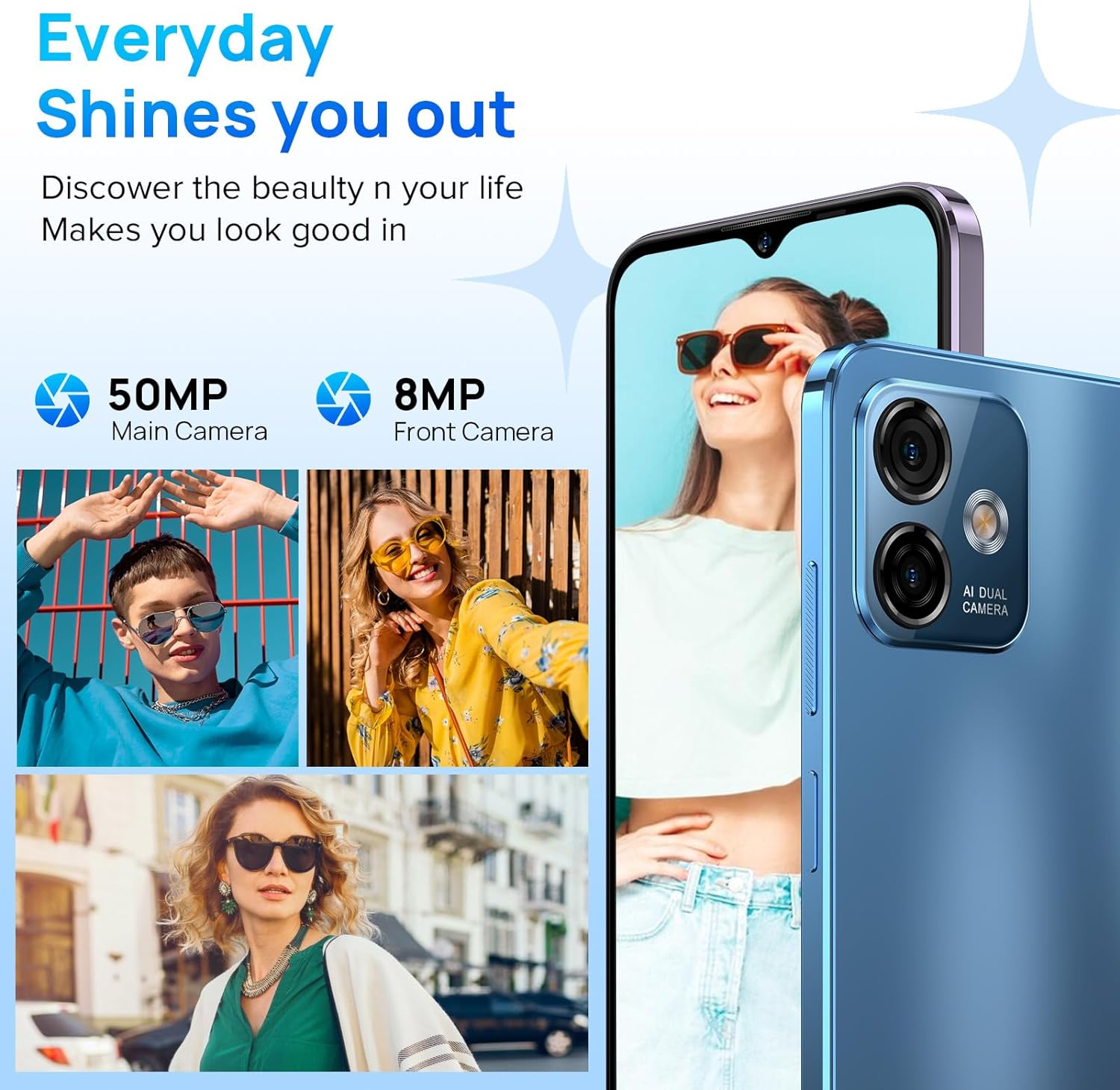 Ulefone Unlocked Cell Phones, Note 16 Pro 12GB + 128GB, 8-Core, 6.52 HD+ Display Unlocked Smartphone, Android 13, 50MP + 8MP, 4400 mAh, Dual 4G LTE, Fingerprint/Face Detection, T-Mobile, Blue