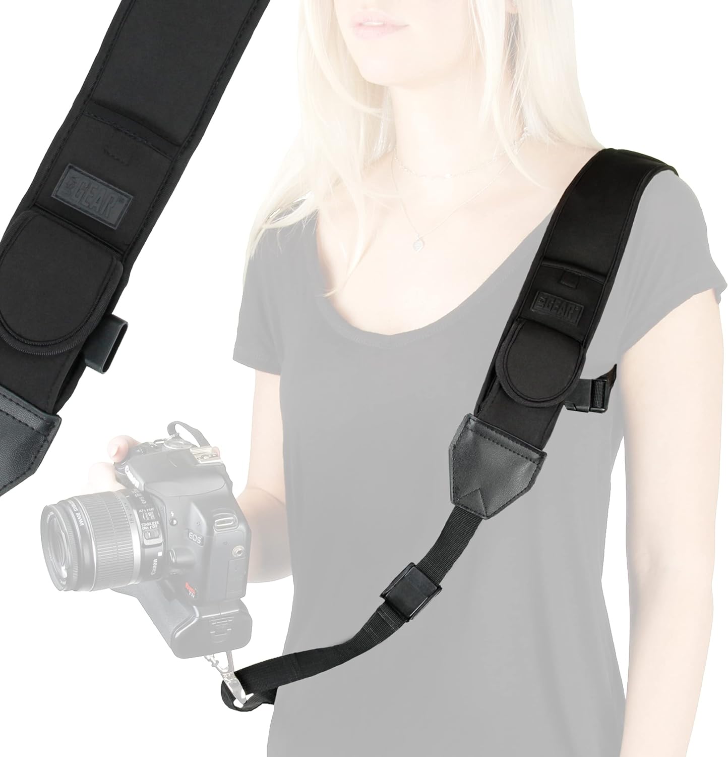 USA GEAR Camera Sling Shoulder Strap with Adjustable Neoprene, Safety Tether, Accessory Pocket, Quick Release Buckle - Compatible with Canon, Nikon, Sony and More DSLR and Mirrorless Cameras (Black)