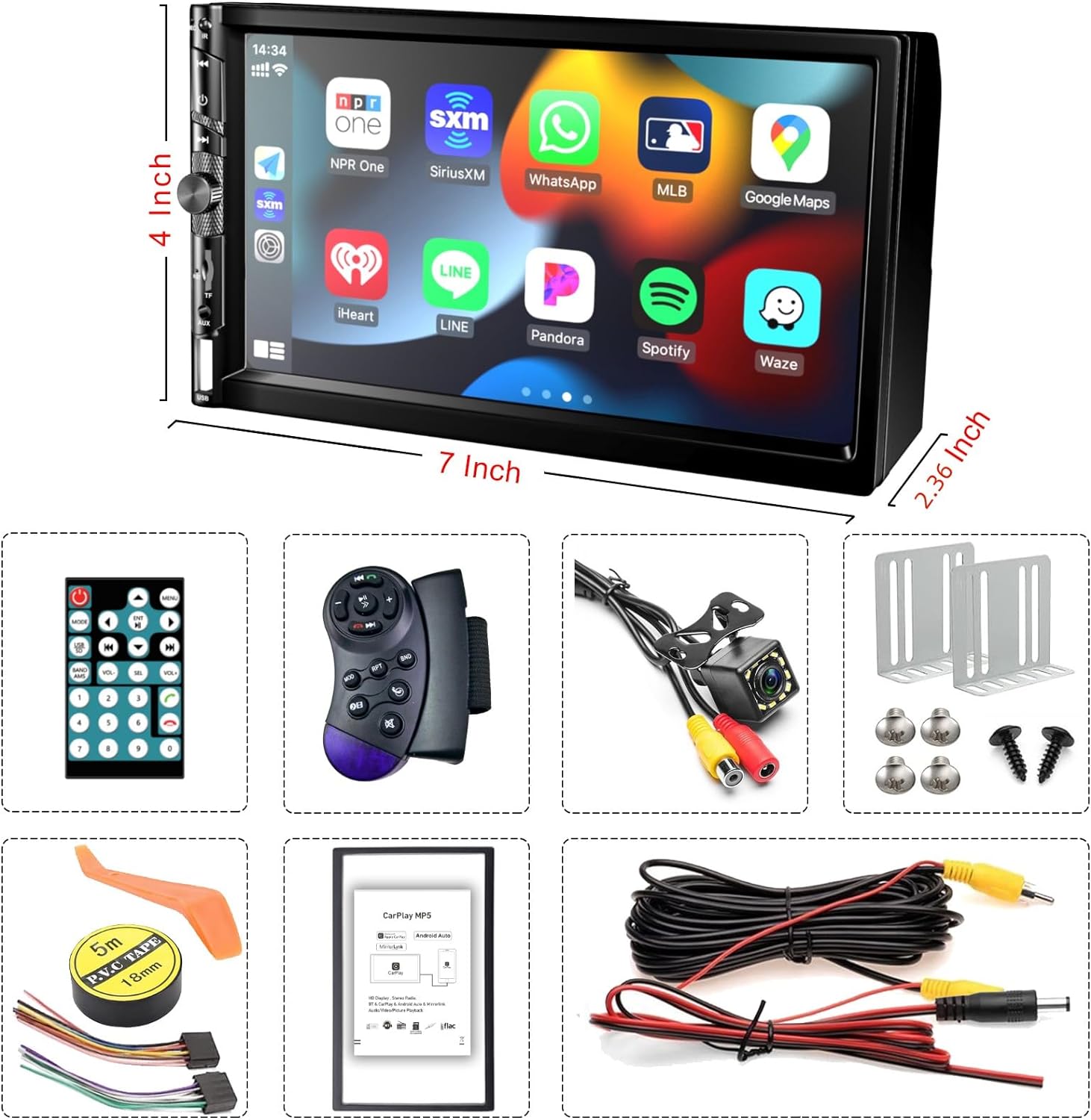 7 Double Din Car Stereo,Apple Carplay,HD 1024*600 Touch Screen,FM Car Radio,Car Bluetooth 5.1 Hand-free Calling,GPS Navigation,Backup Camera,USB/TF/RCA,Physical Buttons,Android Auto,Apple Car Play