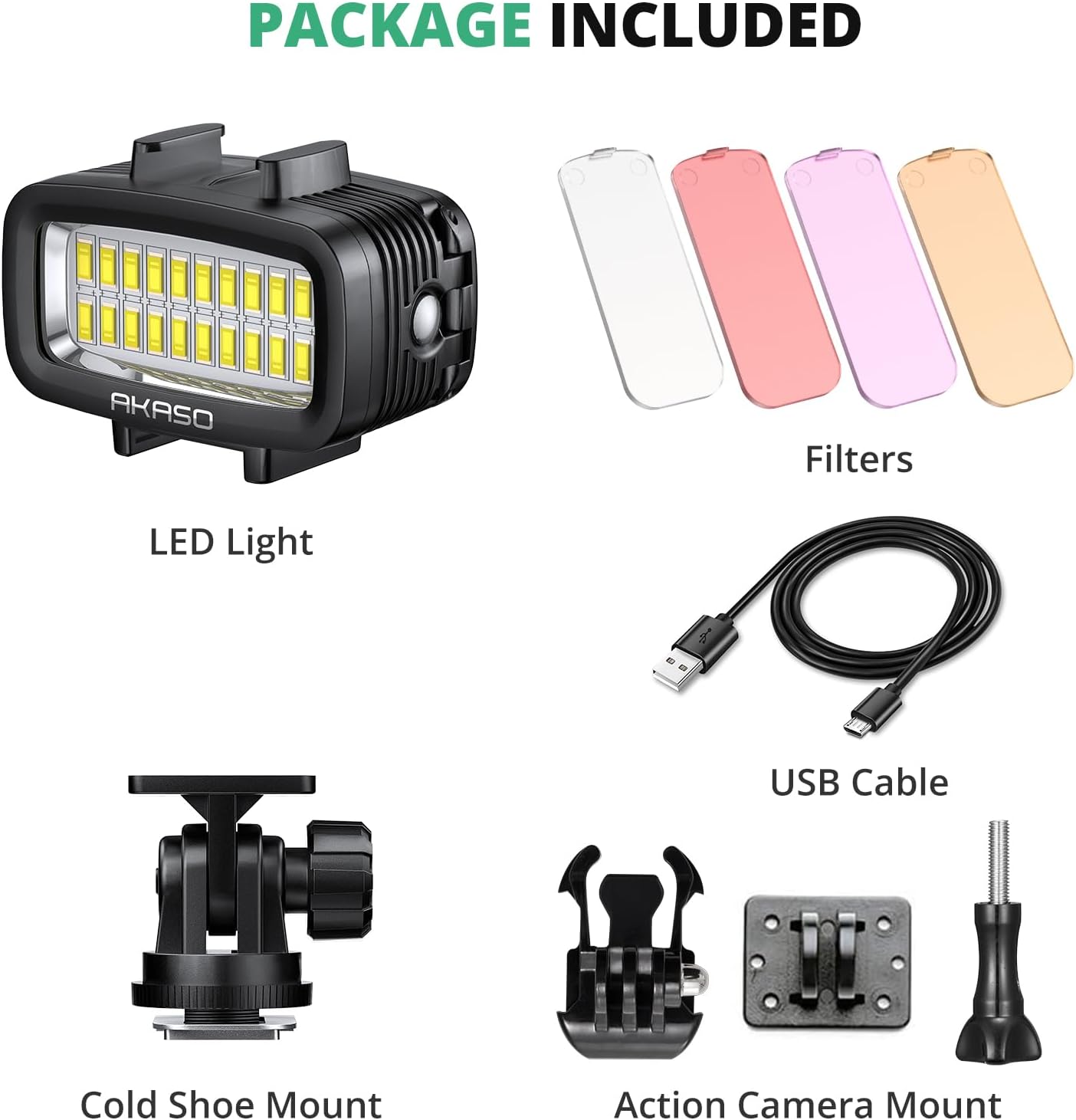 AKASO Underwater Light 131ft (40m) Waterproof Diving Light High Power Dimmable LED Video Light with Cold Shoe Mount and 4pcs Color Filters for Gopro/AKASO Action Cameras and Canon/Nikon SLR Cameras