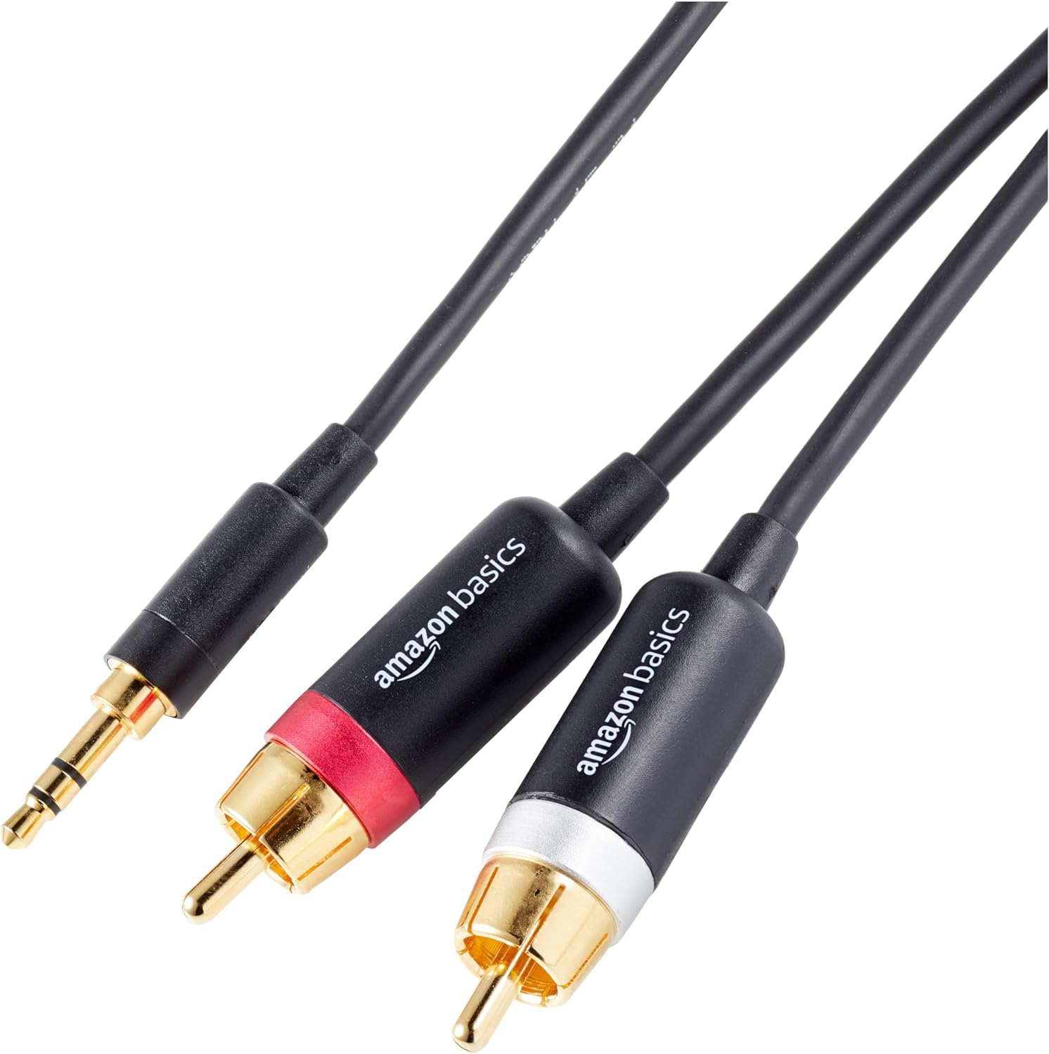 Amazon Basics 3.5mm Aux to 2 RCA Adapter Audio Cable for Stereo Speaker or Subwoofer with Gold-Plated Plugs, 4 Foot, Black