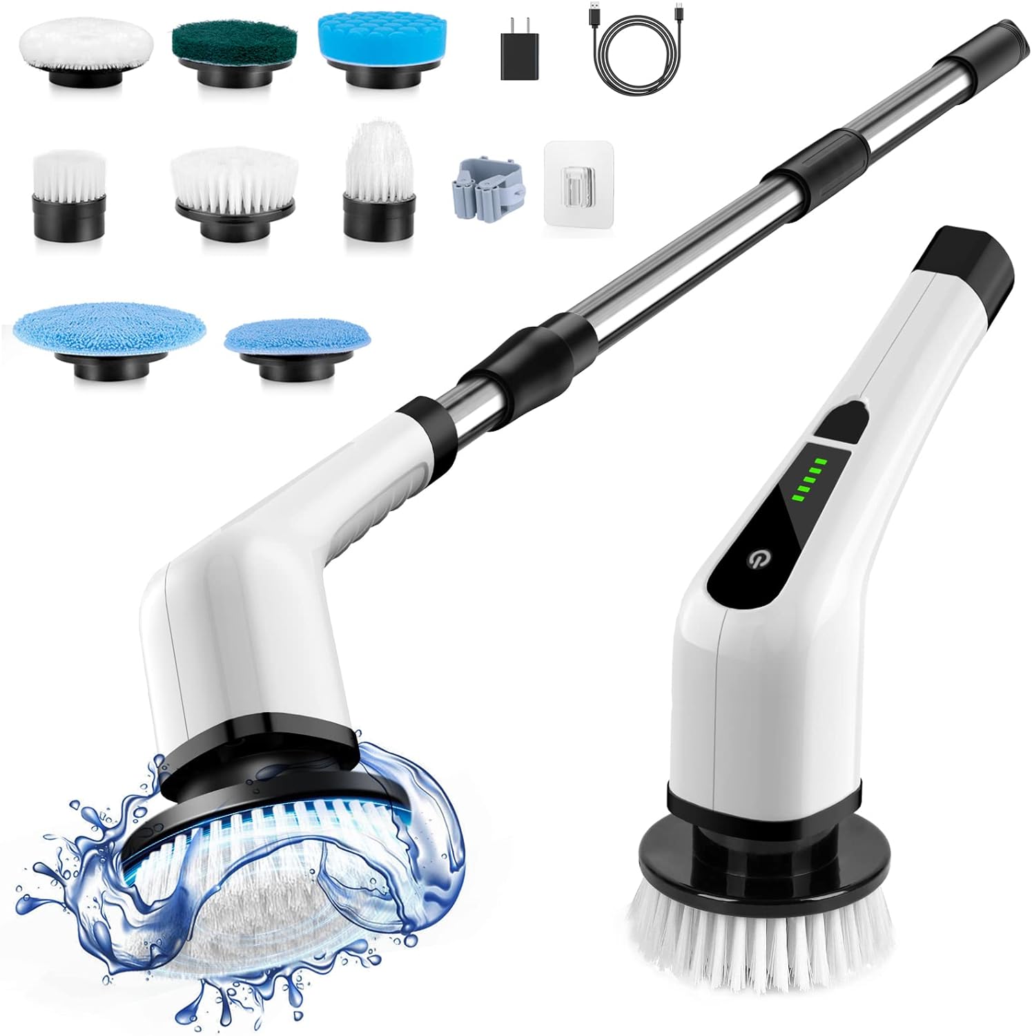 Bomves Cordless Electric Spin Scrubber, Cleaning Brush Scrubber for Home, 400RPM/Mins-8 Replaceable Brush Heads-90Mins Work Time, 3 Adjustable Size, 2 Speeds for Bathroom Shower Bathtub Glass Car