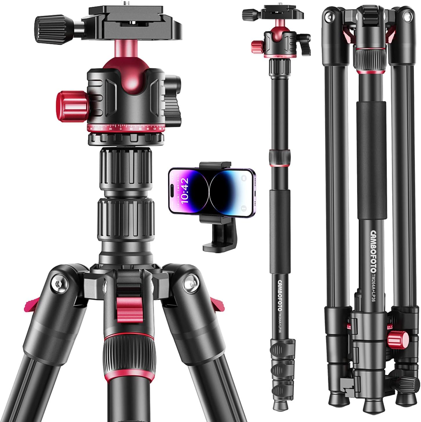 CAMBOFOTO 74-inch-Professional-Camera-Photography-Tripod, Ball Head Aluminum DSLR/SLR Tripod  Monopod with Carry Bag Compatible with Canon Nikon Binoculars Laser Telescope (Weight 3 Lbs, 13Lbs Load)