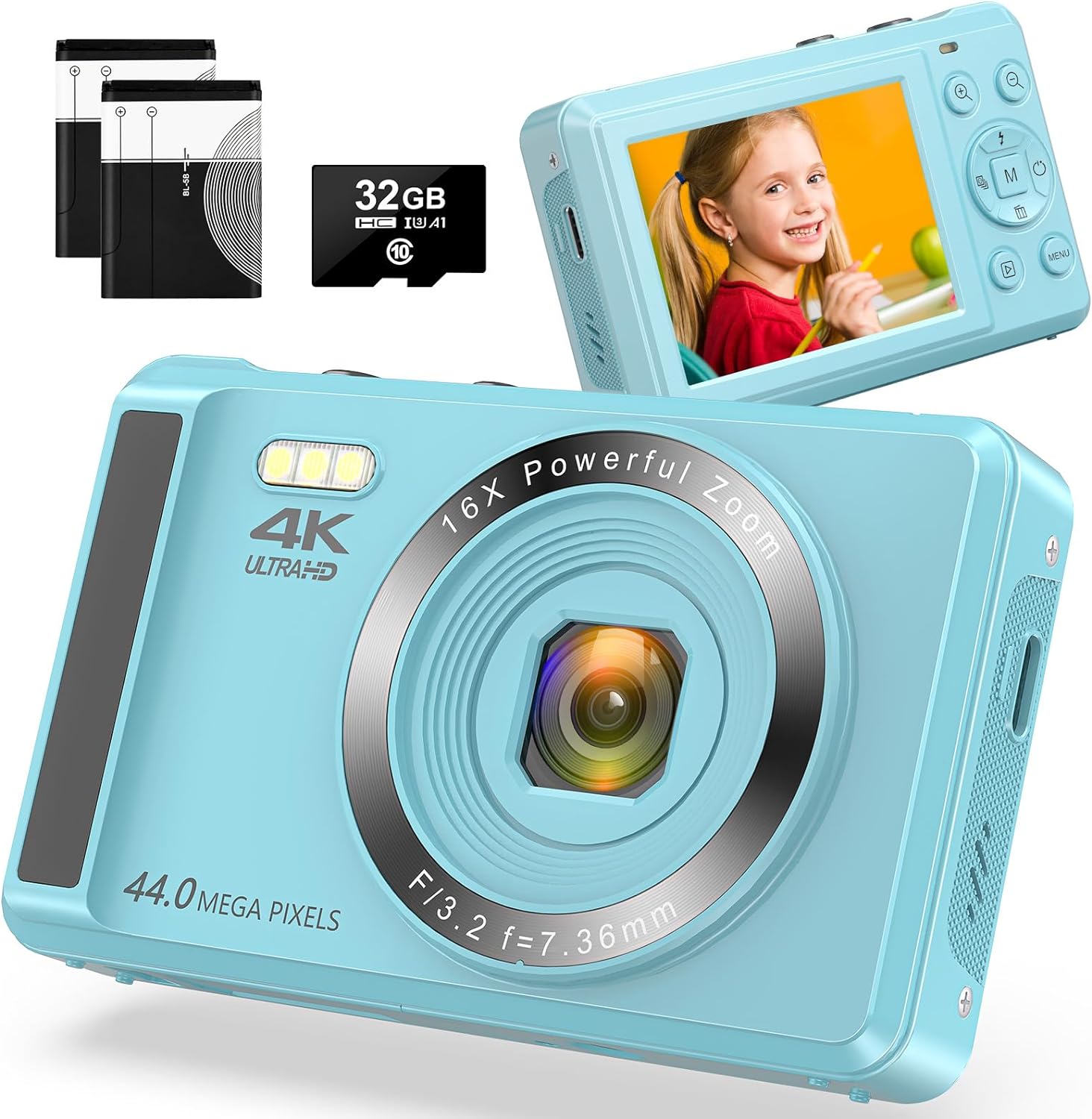 Chfkun Digital Camera 4K 44MP with 16X Digital Zoom for Photography, Autofocus Portable Mini Camera for Kids, Boys, Girls with 32GB SD Card and 2 Batteries-Blue