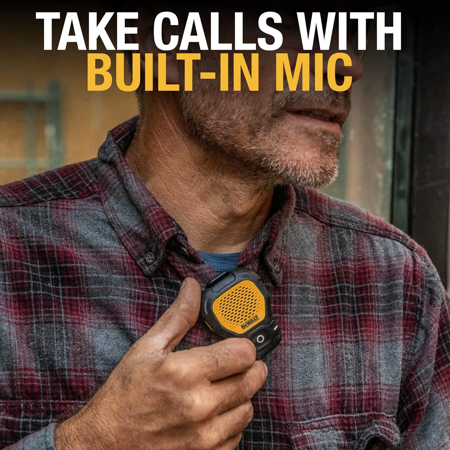 DEWALT Wearable Bluetooth Speaker — Magnetic Clip-On Wireless Jobsite Pro Water-Resistant Portable Speaker — Built-in Mic for Hands-Free Music and Calls,Black