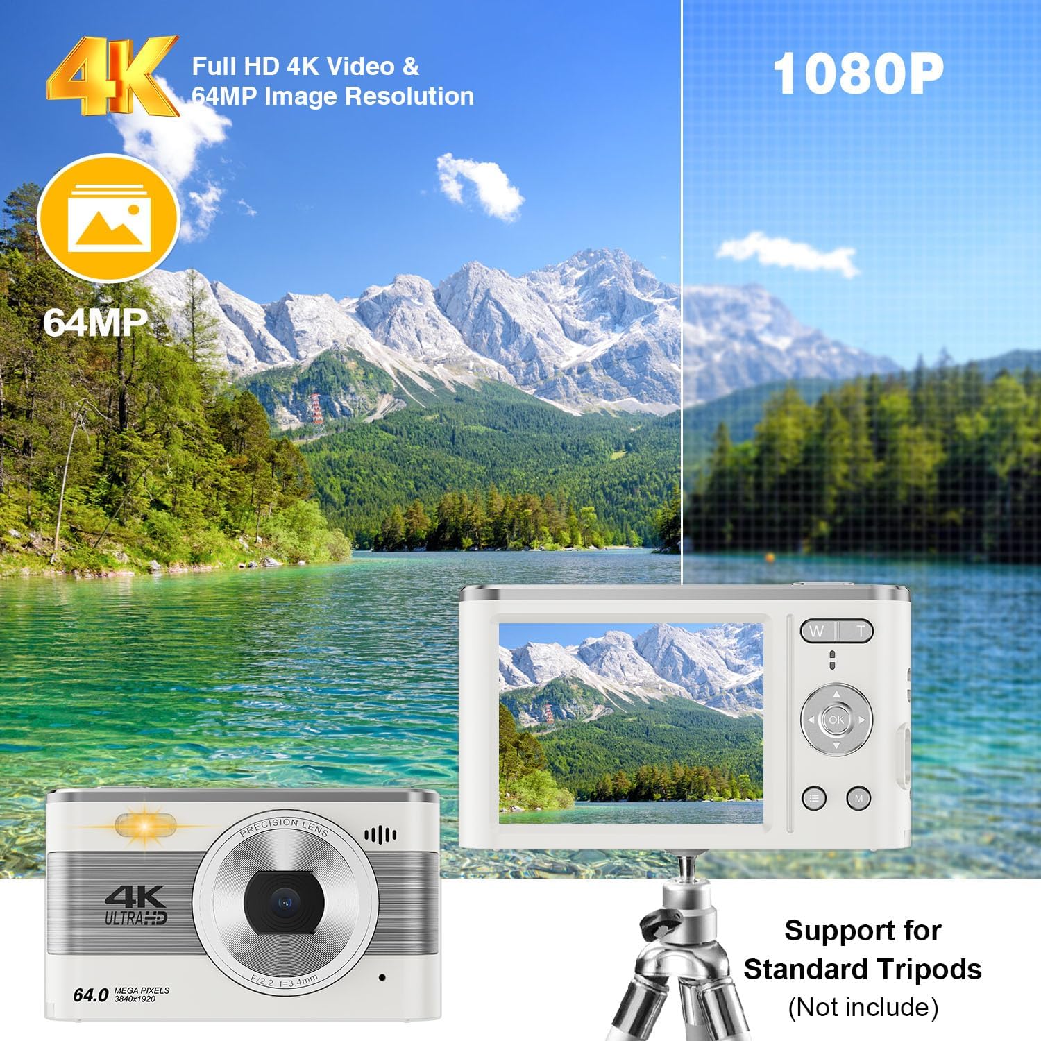 Digital Camera Full HD 4K Kids Digital Camera 64MP Compact Digital Camera with 64GB Card 18X Digital Zoom Point and Shoot Camera Portable Camera for Teens Students Boys Girls Seniors