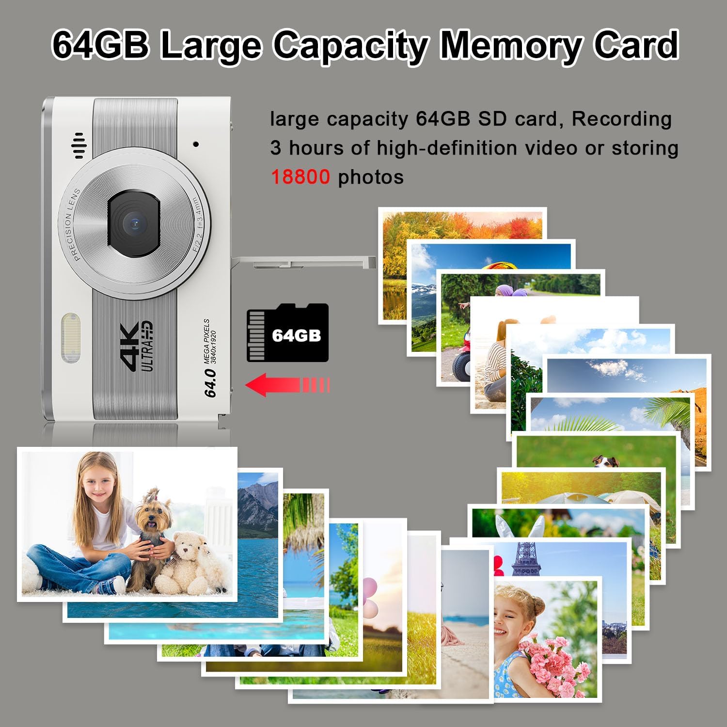 Digital Camera Full HD 4K Kids Digital Camera 64MP Compact Digital Camera with 64GB Card 18X Digital Zoom Point and Shoot Camera Portable Camera for Teens Students Boys Girls Seniors