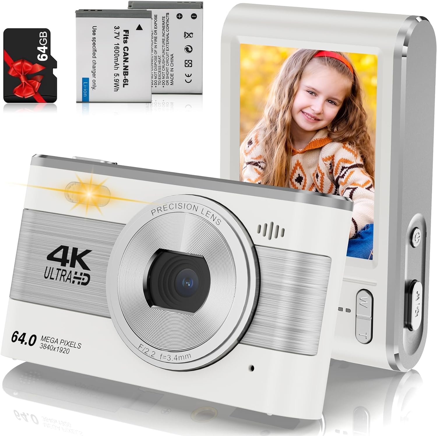 Digital Camera Full HD 4K Kids Digital Camera 64MP Compact Digital Camera with 64GB Card 18X Digital Zoom Point and Shoot Camera Portable Camera for Teens Students Boys Girls Seniors