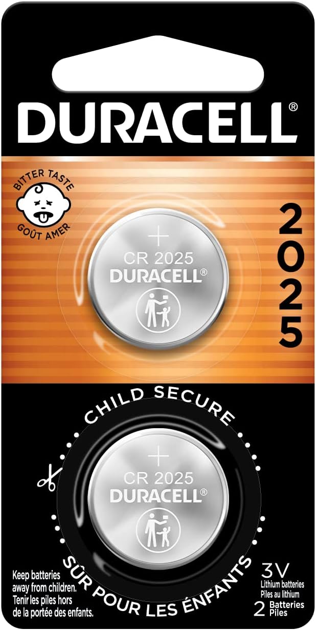 Duracell CR2025 3V Lithium Battery, Child Safety Features, 2 Count Pack, Lithium Coin Battery for Key Fob, Car Remote, Glucose Monitor, CR Lithium 3 Volt Cell