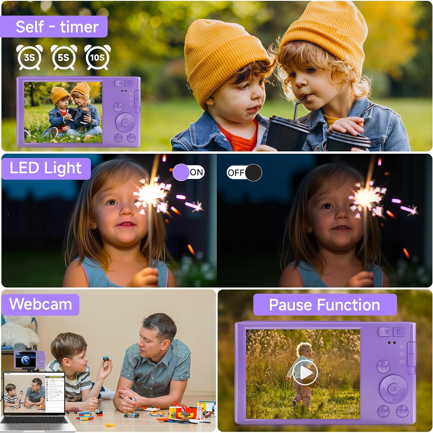 FHD 4K 44MP Digital Camera for Kids Video Camera with 64GB SD Card 16X Digital Zoom, Compact Point and Shoot Camera Portable for Kids 4K YouTube Camera (Purple)